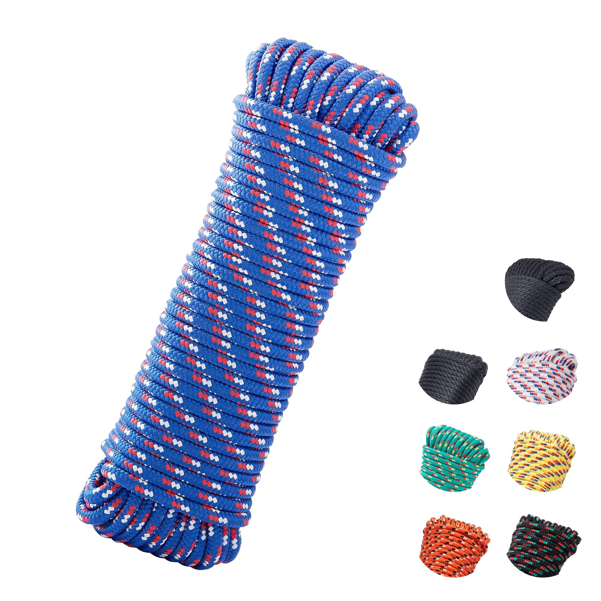 3/8 Inch 100 ft Diamond Braided Polypropylene Rope, All Purpose Thick Boat Marine Ropes for Camping and Flag Pole, Indoor and Outdoor Use, Blue