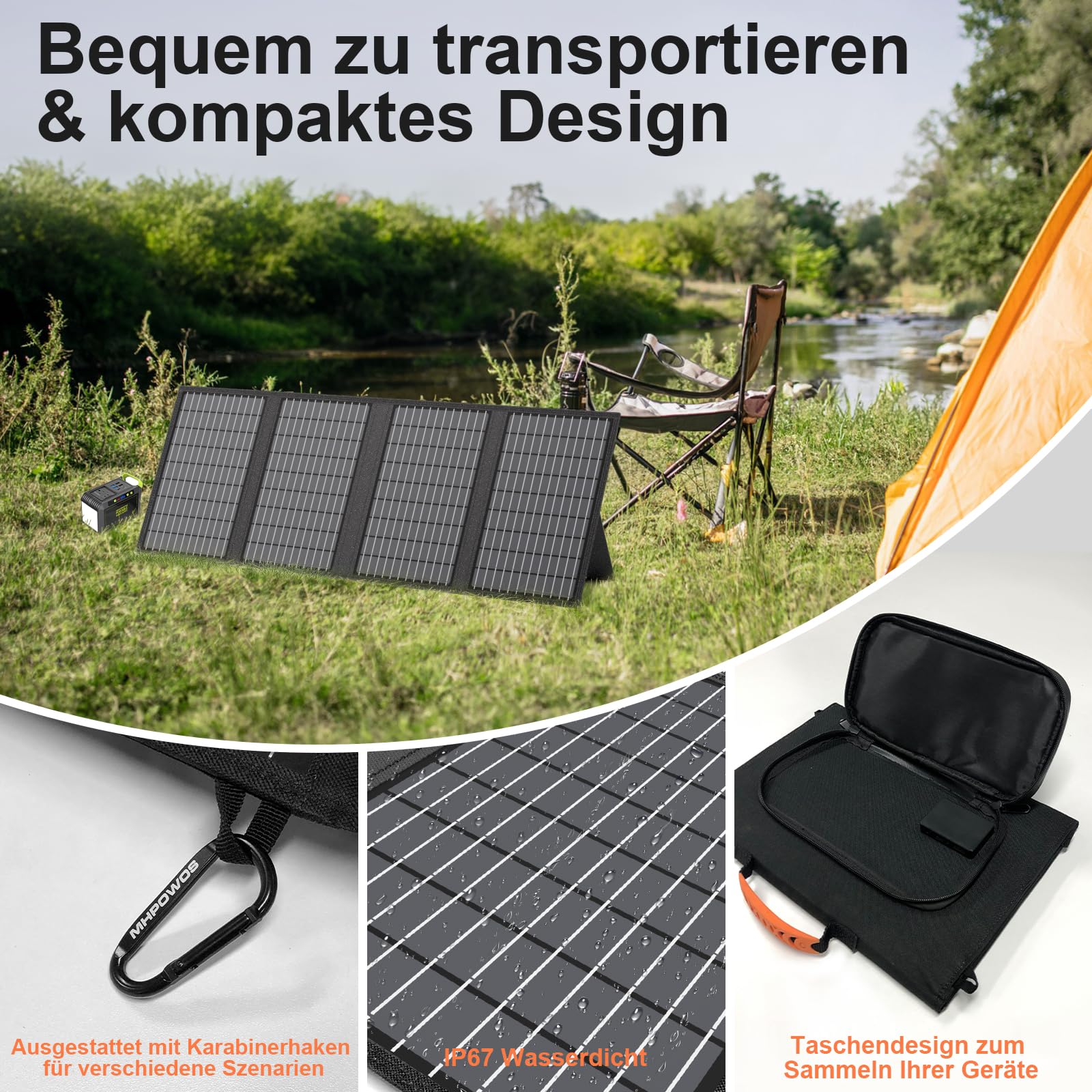 60W Tragbares Solarladegerät mit Ständer, Faltbares Solarpanel mit USB-C, USB-A und DC-Ausgängen, für Camping, Wandern, Notstromversorgung für Kleine Stromgeneratoren, Telefone, Powerbanks