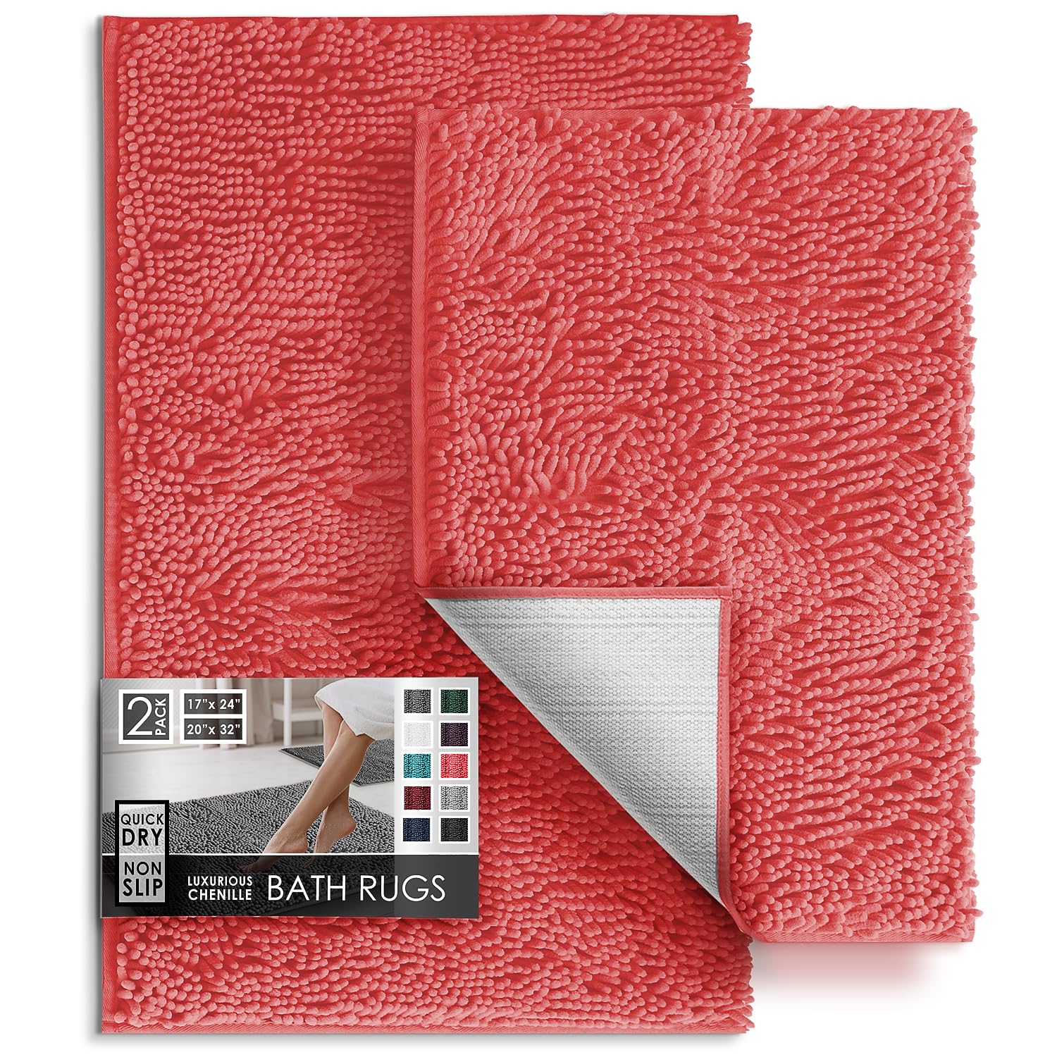 Hearth & Harbor Bathroom Rugs, Chenille Bath Mat - Machine Washable Bath Mats for Bathroom Non-Slip Backing Rubber, Quick Dry Bathroom Mat