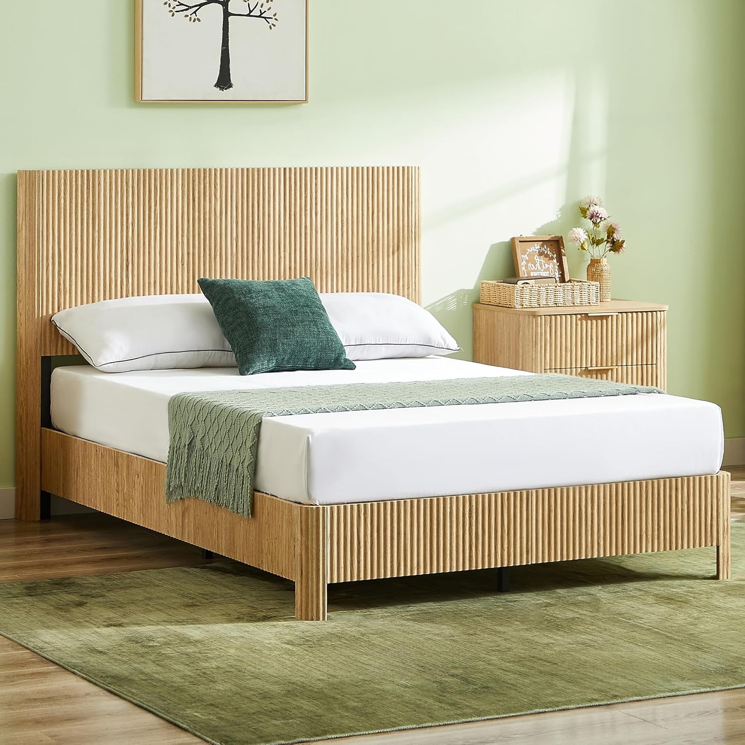 Fluted Wood Full Bed Frame and Headboard, Mid Century Modern Platform Bed Frame, Heavy Duty Metal Support 1000 Lbs Capacity, No Box Spring Needed, Noise-Free, Natural Oak Bed