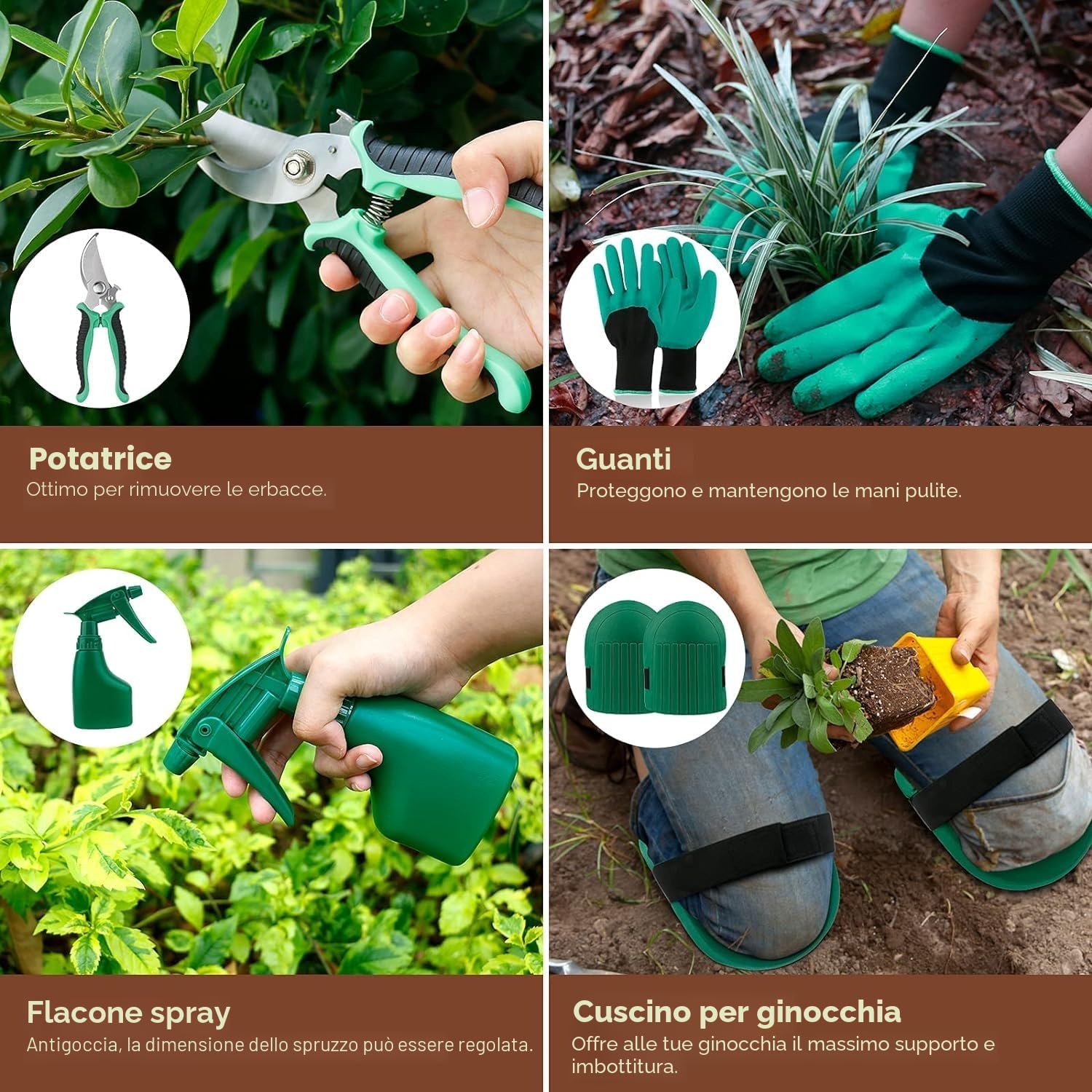 YAUNGEL Set di attrezzi da giardinaggio, 10 pezzi in acciaio inossidabile ad uso intensivo con manico in legno antiscivolo, strumenti da giardinaggio per donne e uomini, Verde