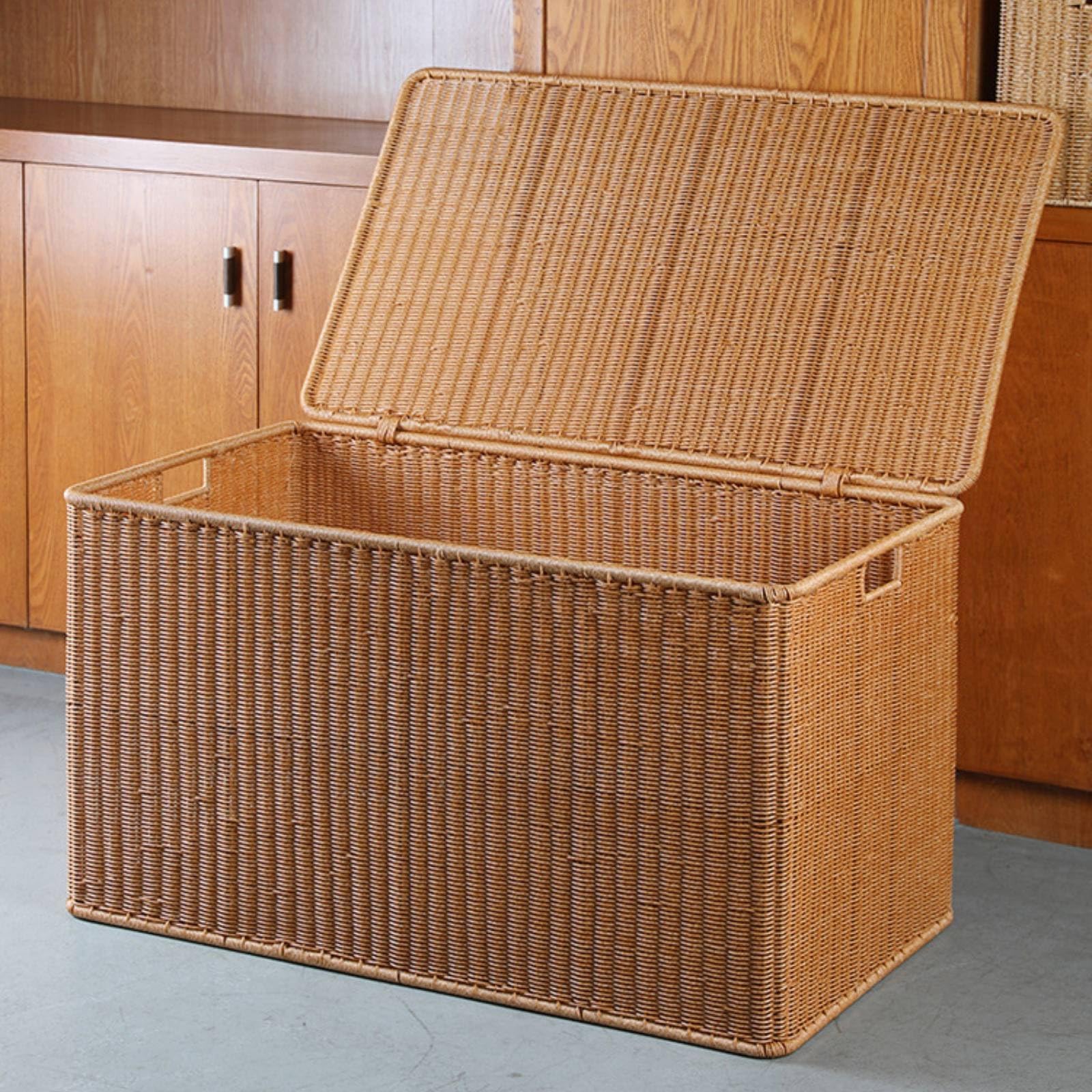Baúl de Almacenamiento Grande Rattan Imitación Organizador Arcón con Tapa Contenedor con Asas Diseño Tejido y Marco Firme Adecuado para Salón, Marrón Claro, 79.5X40X38.5/40CM