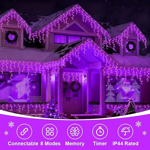 Miniatura 2 de QITONG Luces de Halloween moradas, 66 pies, 800 luces LED de carámbano para enchufe exterior e interior, 8 modos de cable transparente conectables