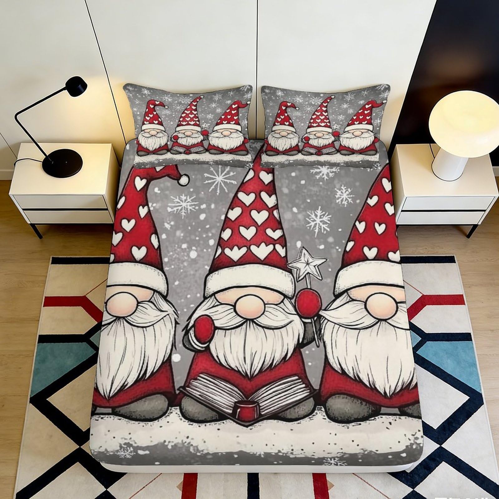 Pnayamiorkfel Style-6 3D Printed Christmas Gnome Fitted Sheet Microfiber Red Grey Snowflake Bed Cover For Bedroom Guest Room Decor 90X200x25cm