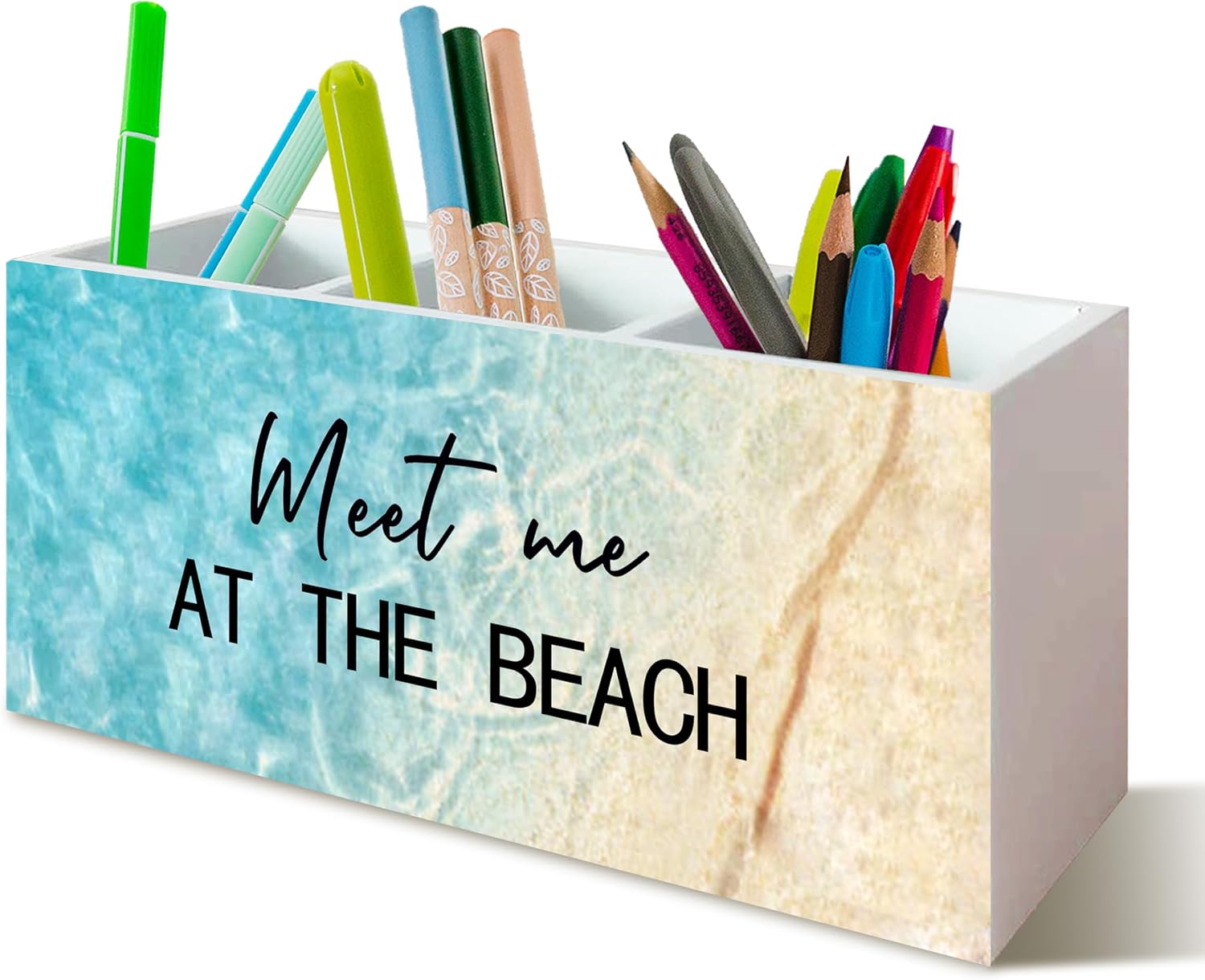 Meet Me at The Beach Pen Holder for Home Office Kitchen Desk Decor, Coastal Makeup Brush Toothbrush Holder Organizer for Bathroom Desk Accessories, Beach Gifts for Women Men