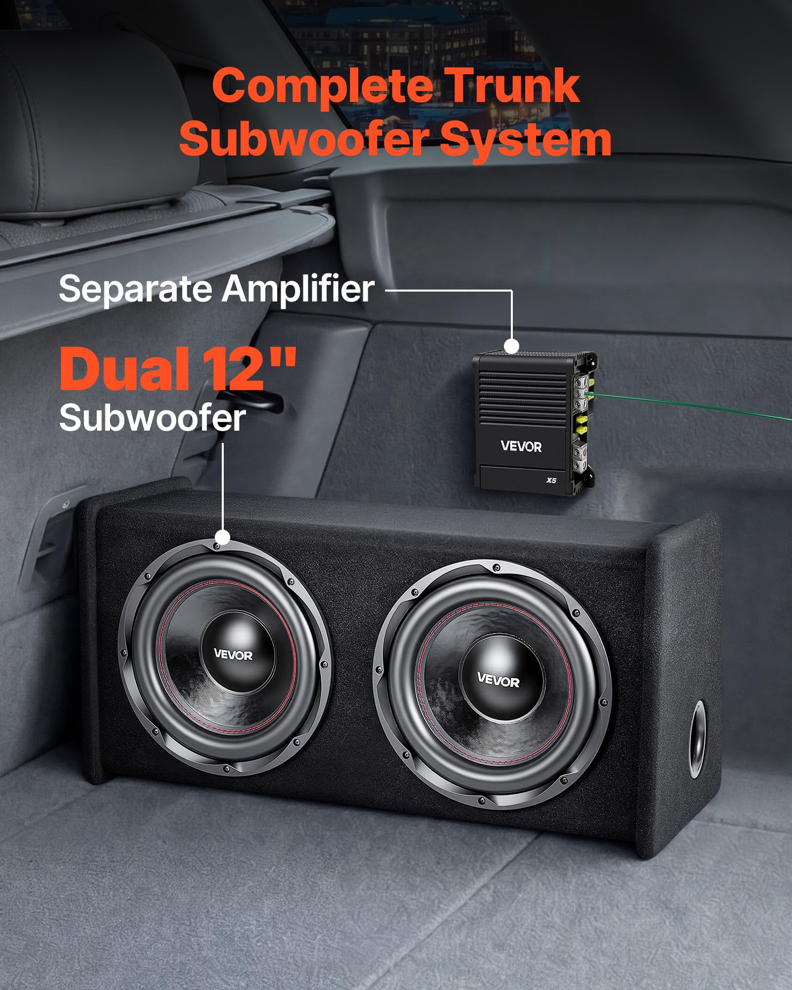 VEVOR Kit Subwoofer per Auto Sistema Audio con Cassa da 305 mm, Subwoofer Amplificatore 490 W RMS Separato Kit di Cablaggio, Pacchetto Amplificatore Gamma di Frequenza 30-200 Hz da Veicoli SUV Auto