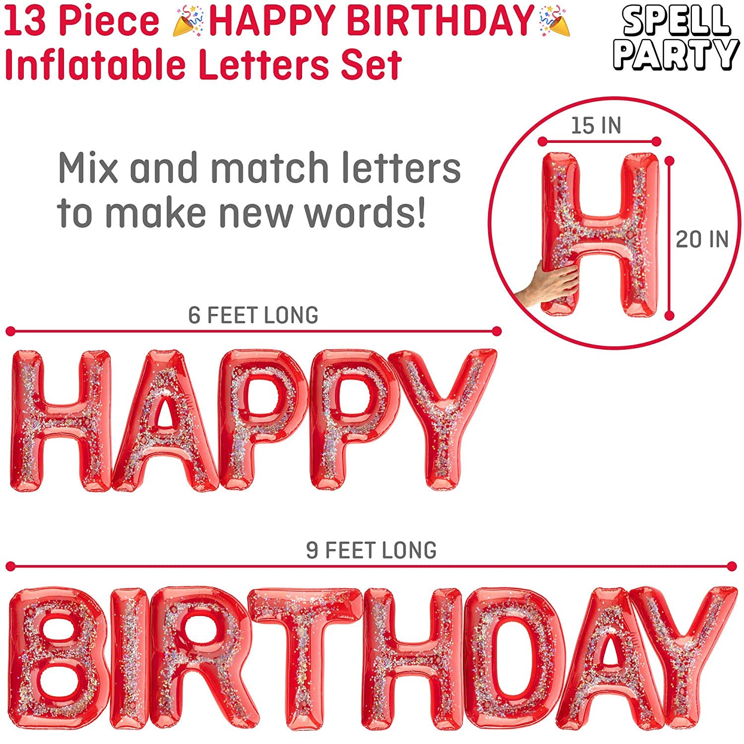 Happy Birthday Pool Float Inflatable Letter Set by Spell Party – Large 20” Letter Balloons Floatie Decorations Backdrop Banner for Adult Kids Pool Party