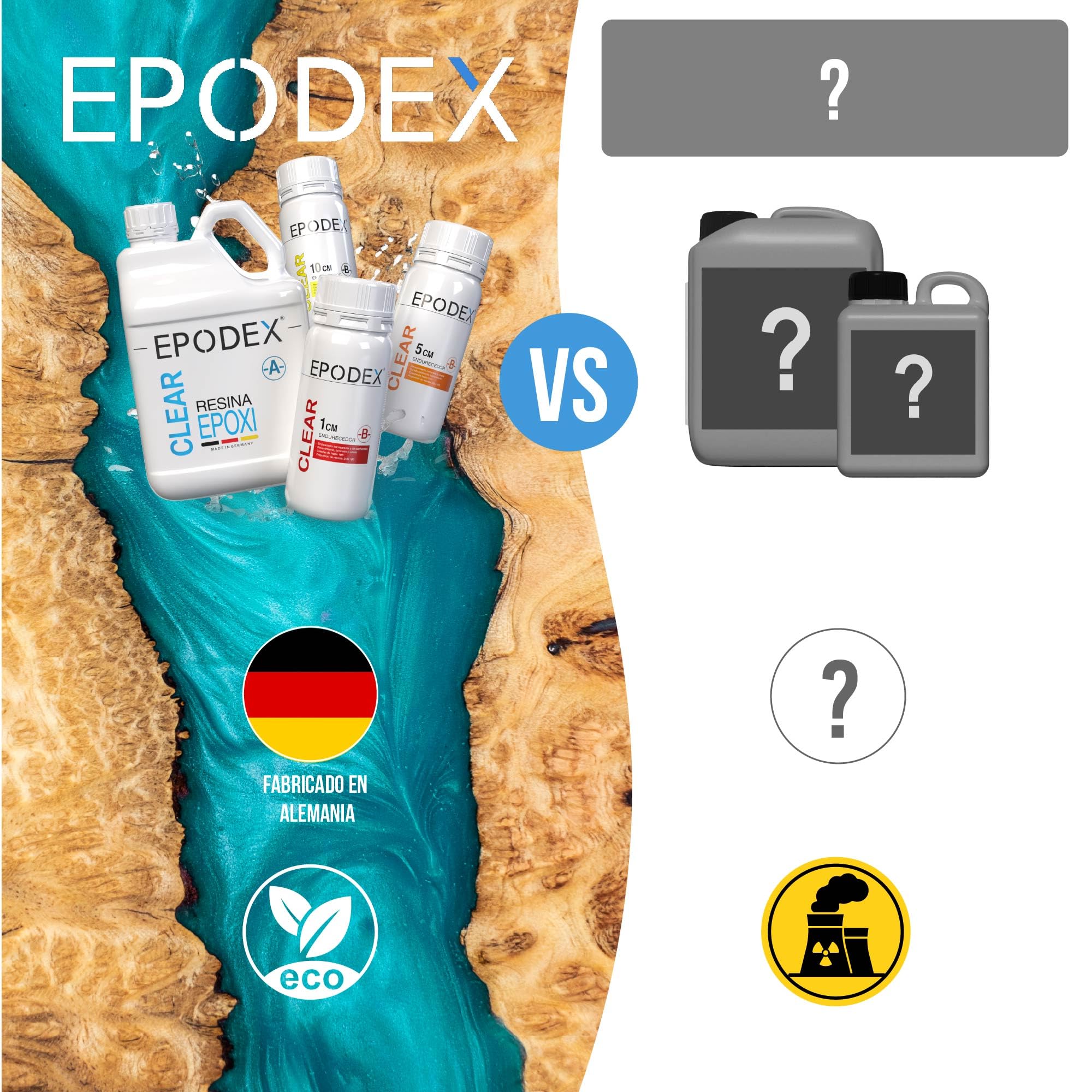 Kit Resina Epoxi EPODEX Serie ECO - Para vertidos hasta 10cm - 4,5kg | Resina Epoxi Transparente pare recubrimientos, manualidades, inclusiones, mesas río, lámparas, joyería y más