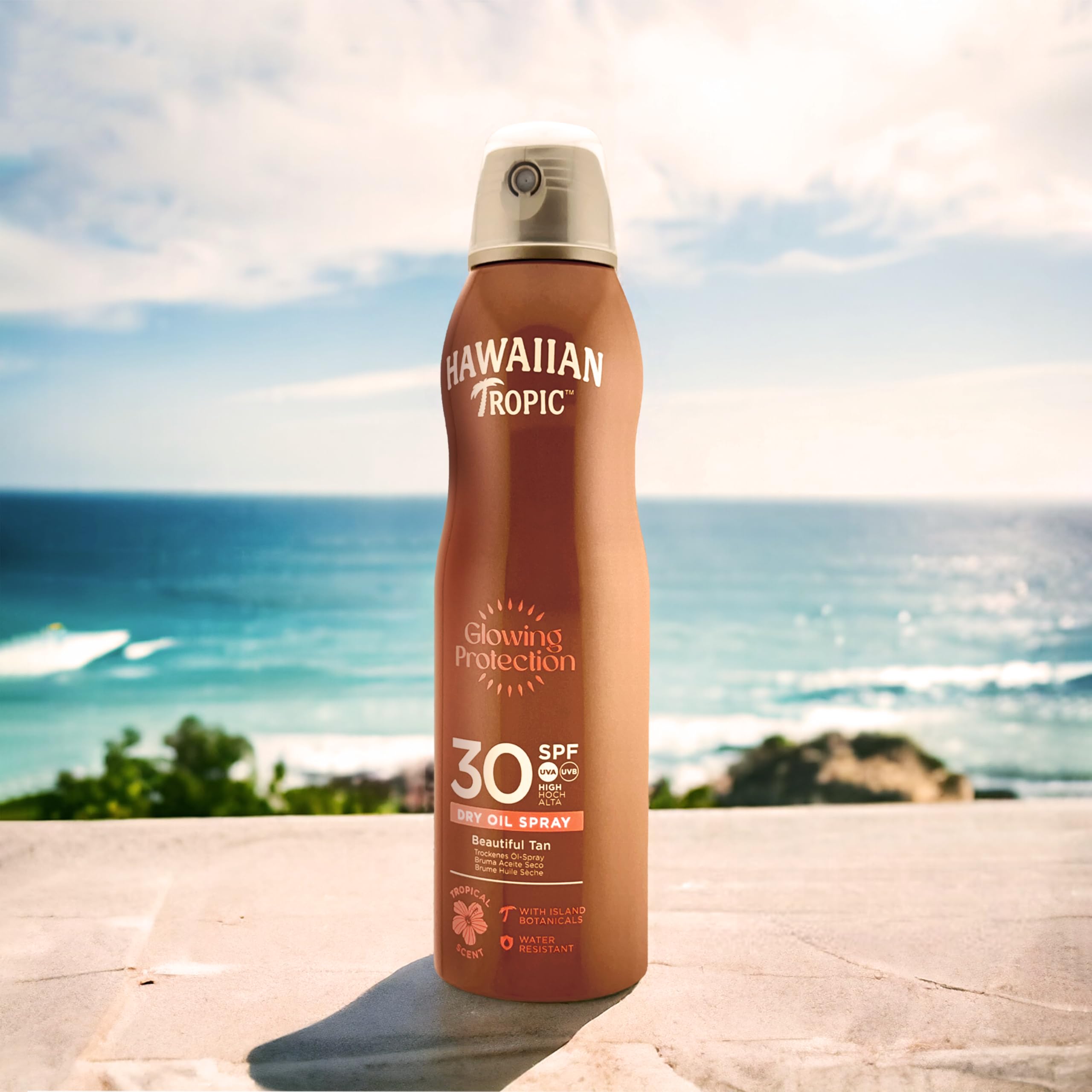 Hawaiian Tropic Olio Secco Spray Protettivo Illuminante, Resistente all'Acqua con Protezione Solare SPF 30 UVA e UVB, Spray Solare dal Profumo Tropicale con Ingredienti Botanici delle Hawaii, 180 ml