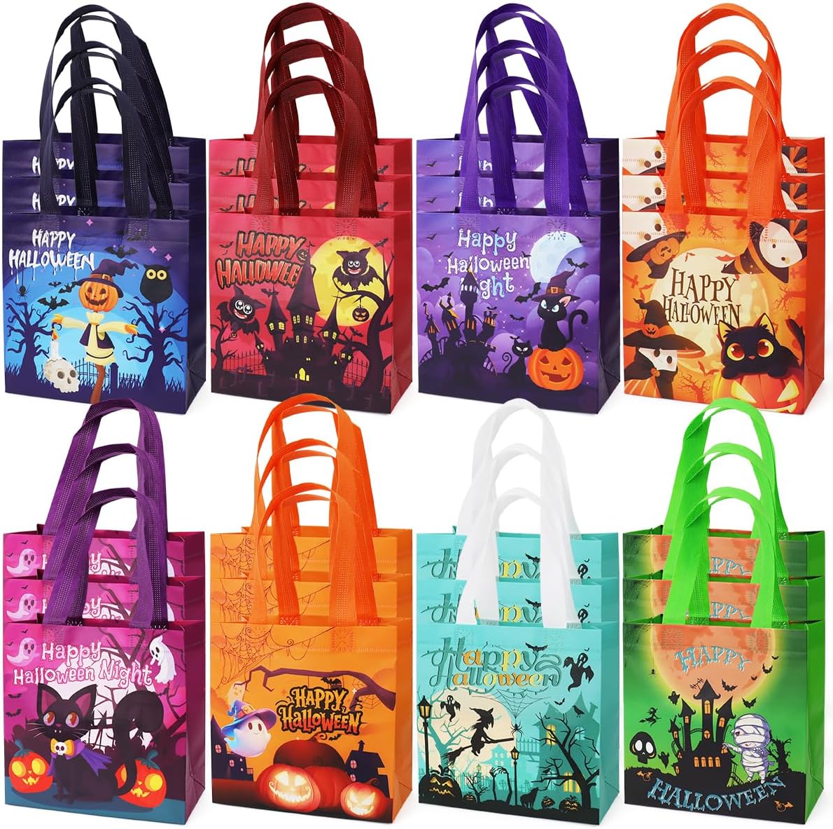 24PCS Halloween Small Trick or Treat Bags, 7.9"×7.9"×3.15", Non-Woven Gift Tote Bags with Handles for Gifts Wrapping, Party Supplies