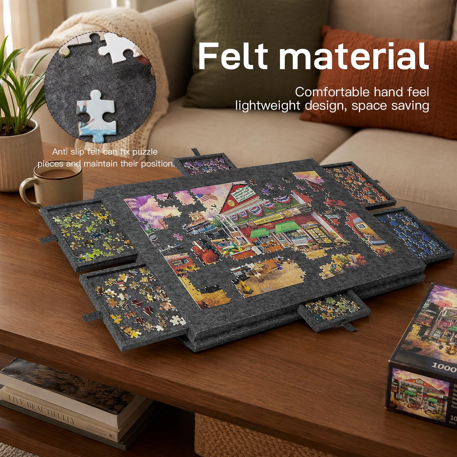 Mesa de rompecabezas de 1000 piezas, tablero de rompecabezas portátil con 6 cajones y cubierta, tablero de puzle de fieltro ligero, mesa de rompecabezas de 1000 piezas, accesorios para puzles para