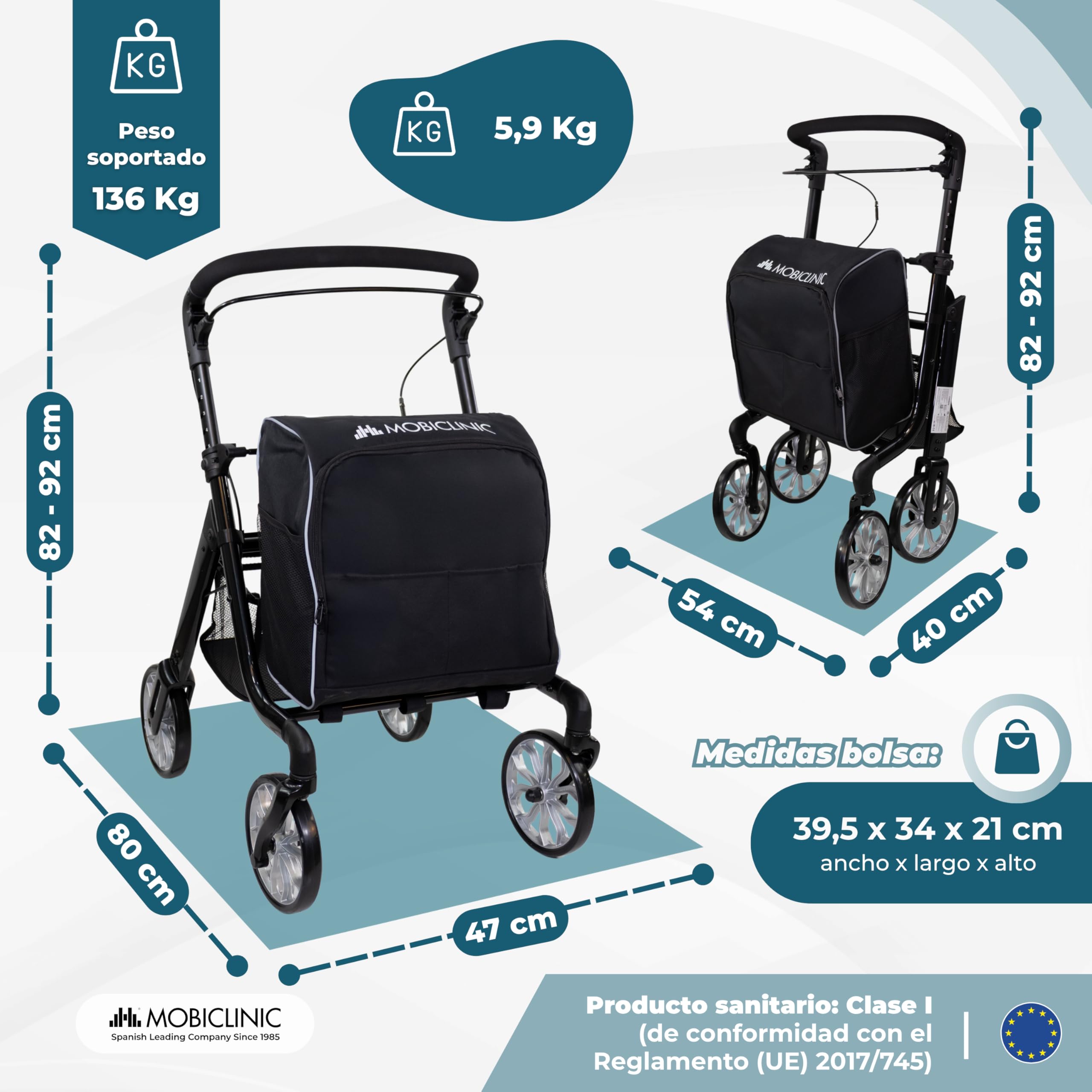 Mobiclinic®, Andador Plegable + Carro de la Compra, 2 en 1, Freno de Estacionamiento, Regulable en 6 Alturas, Monomando, Cesta y Bolsa XXL Extraíble, Ruedas 360º, Resistente, Aluminio, Formen