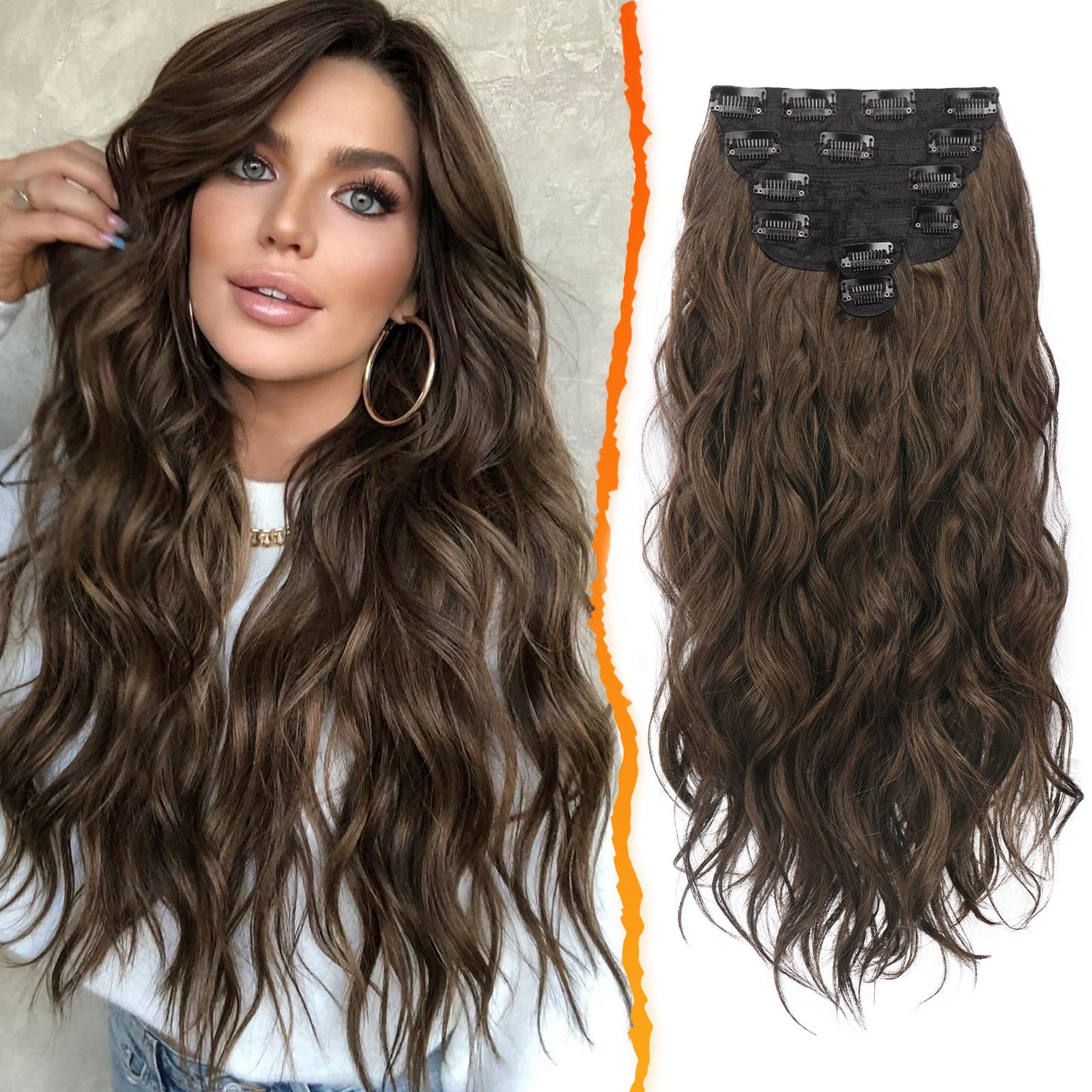 BARSDAR Beach Wavy Brown Clip in Hair Extensions – 20 Inch 6PCS Thick Soft Synthetic Hairpieces, Full Head Clip in Hair Extensions for Women – Long