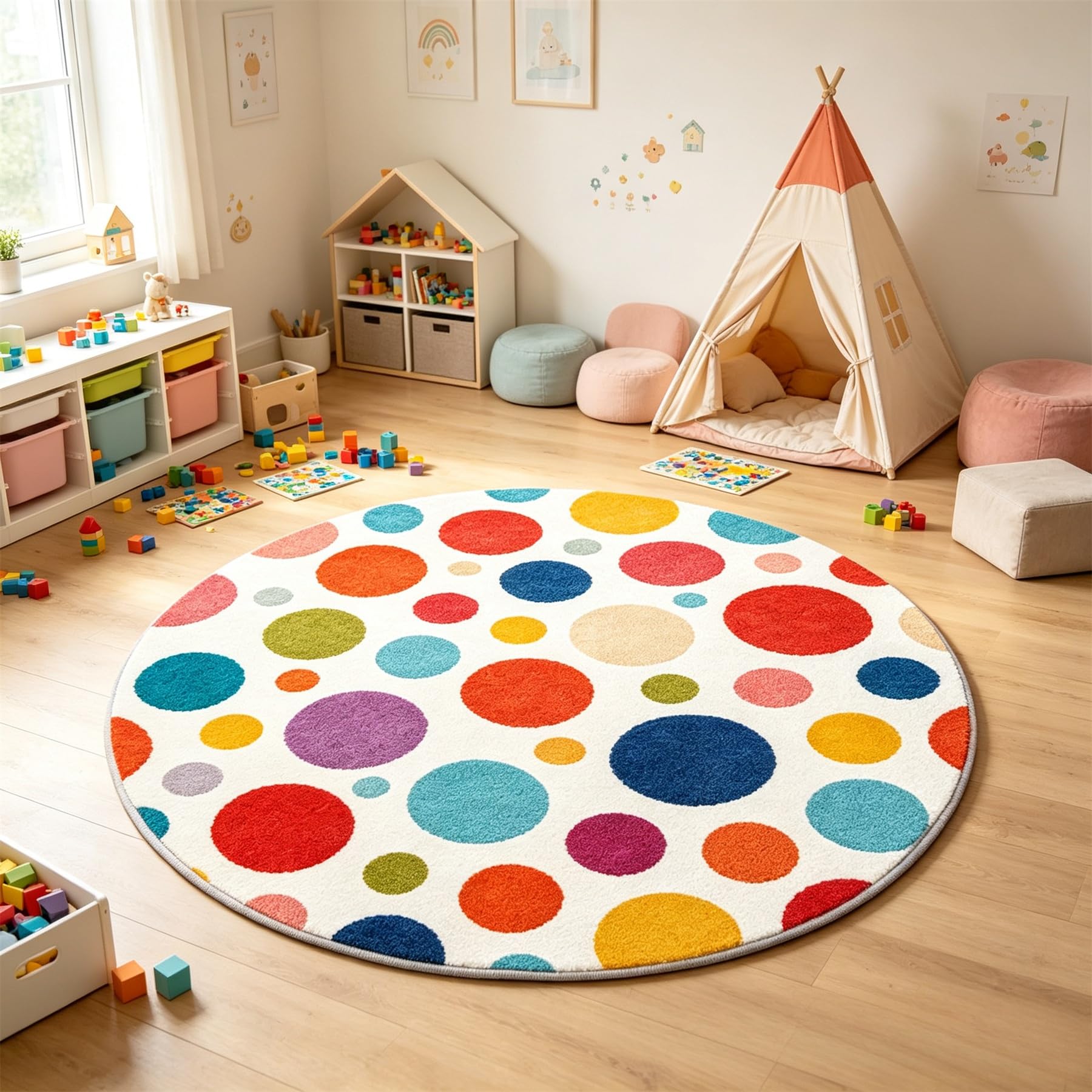 Round Rug Washable, 60cm Kids Playroom Non Slip Low-Pile Colourful Dots