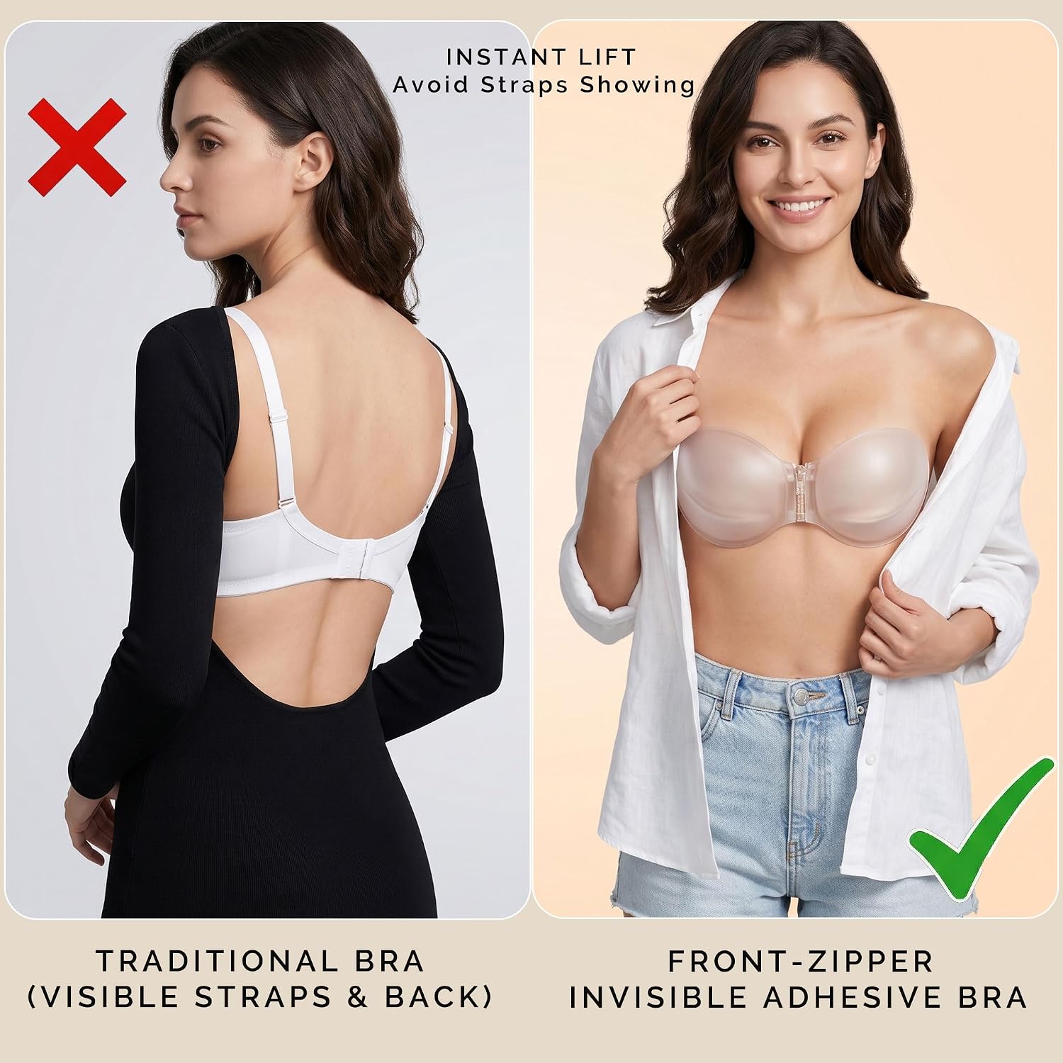 EMOET® Zip Front Closure Adhesive Strapless Bra - Comfort Sticky Padded Bra, Smoothing Jelly Bras for Backless Dress