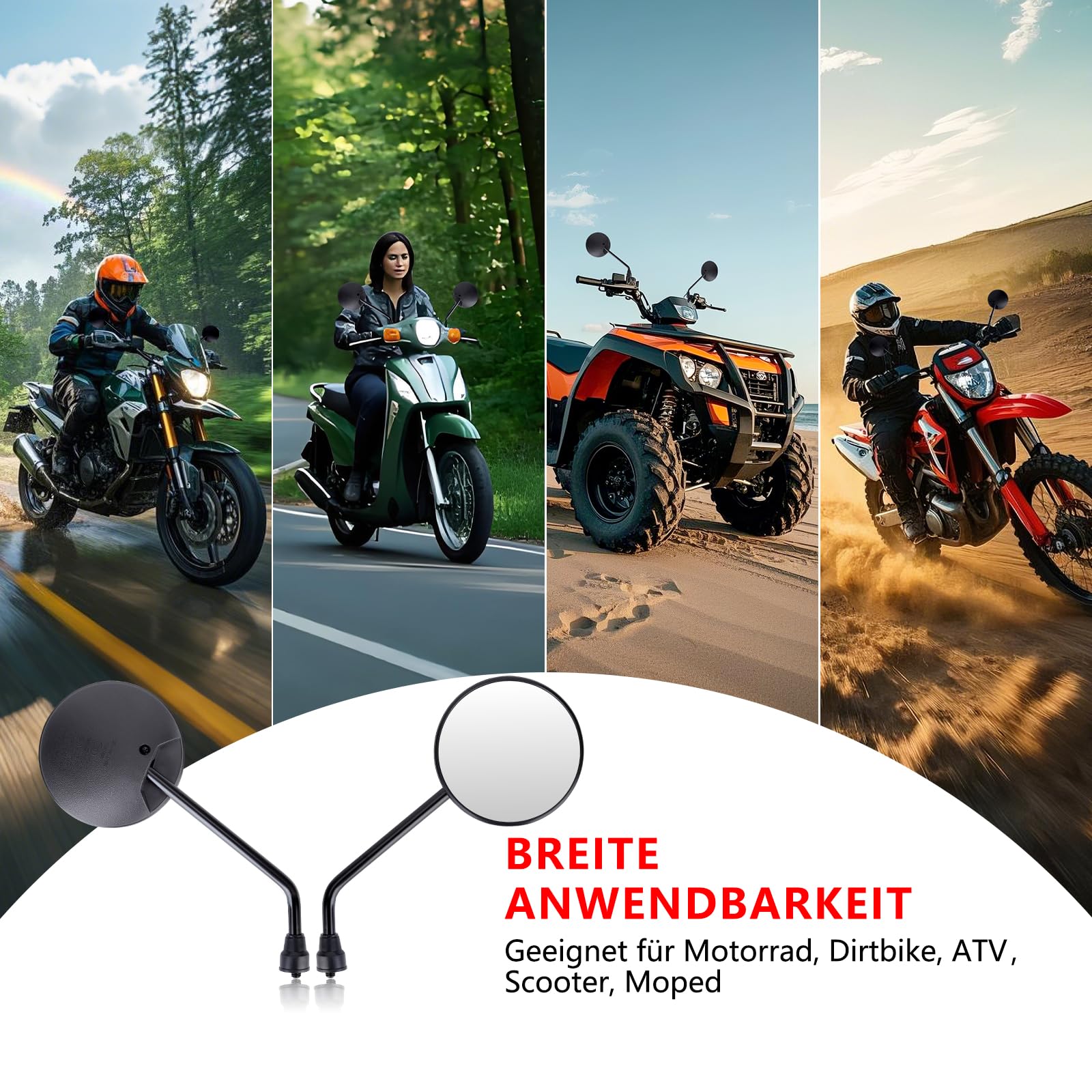 Lusterko motocyklowe z certyfikatem E9, okrągłe lusterko wsteczne obracane o 360°, lusterko motocyklowe M8, kompatybilne ze skuterem, skuterem, ATV, motorowerem, rowerem diktowym