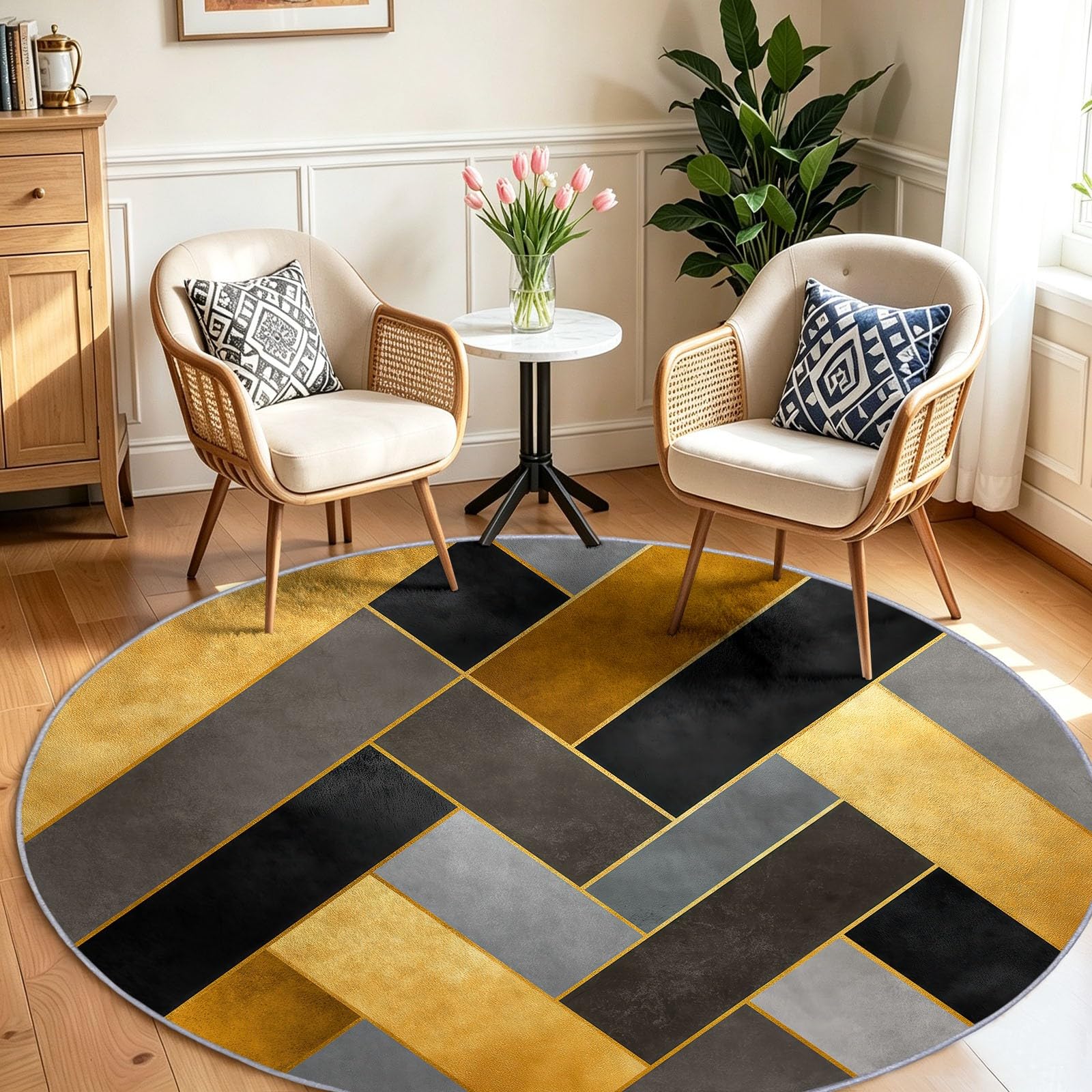 Tappeto rotondo moderno geometrico, 90 cm, morbido, lavabile in lavatrice e pieghevole, per soggiorno e camera da letto, non perde pelo, motivo patchwork a righe diagonali, per sala da pranzo