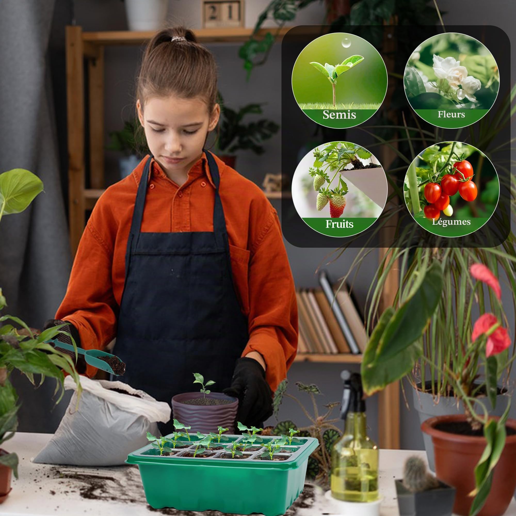 Lot de 4 plateaux de démarrage de semis avec lampe de croissance et tapis chauffant, kit de démarrage de 48 cellules avec dôme d’humidité réglable et base, kit de germination pour la culture