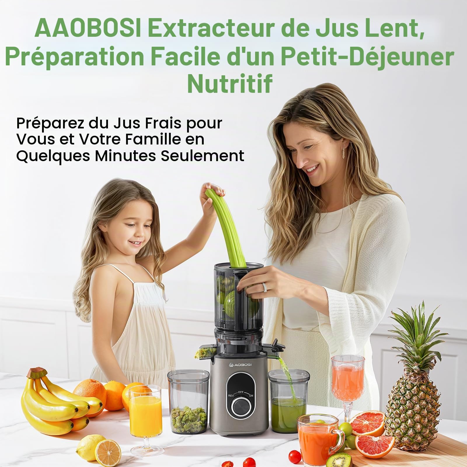 AAOBOSI Slow Juicer Extracteur de Jus, 110 mm Ouverture, Mastication Inversée, Sans BPA