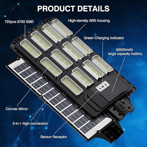 Miniatura 5 de wudor Luces solares de calle de 1650 W para exteriores, 165000LM LED brillante impermeable luz de calle alimentada por energía solar, lámpara solar
