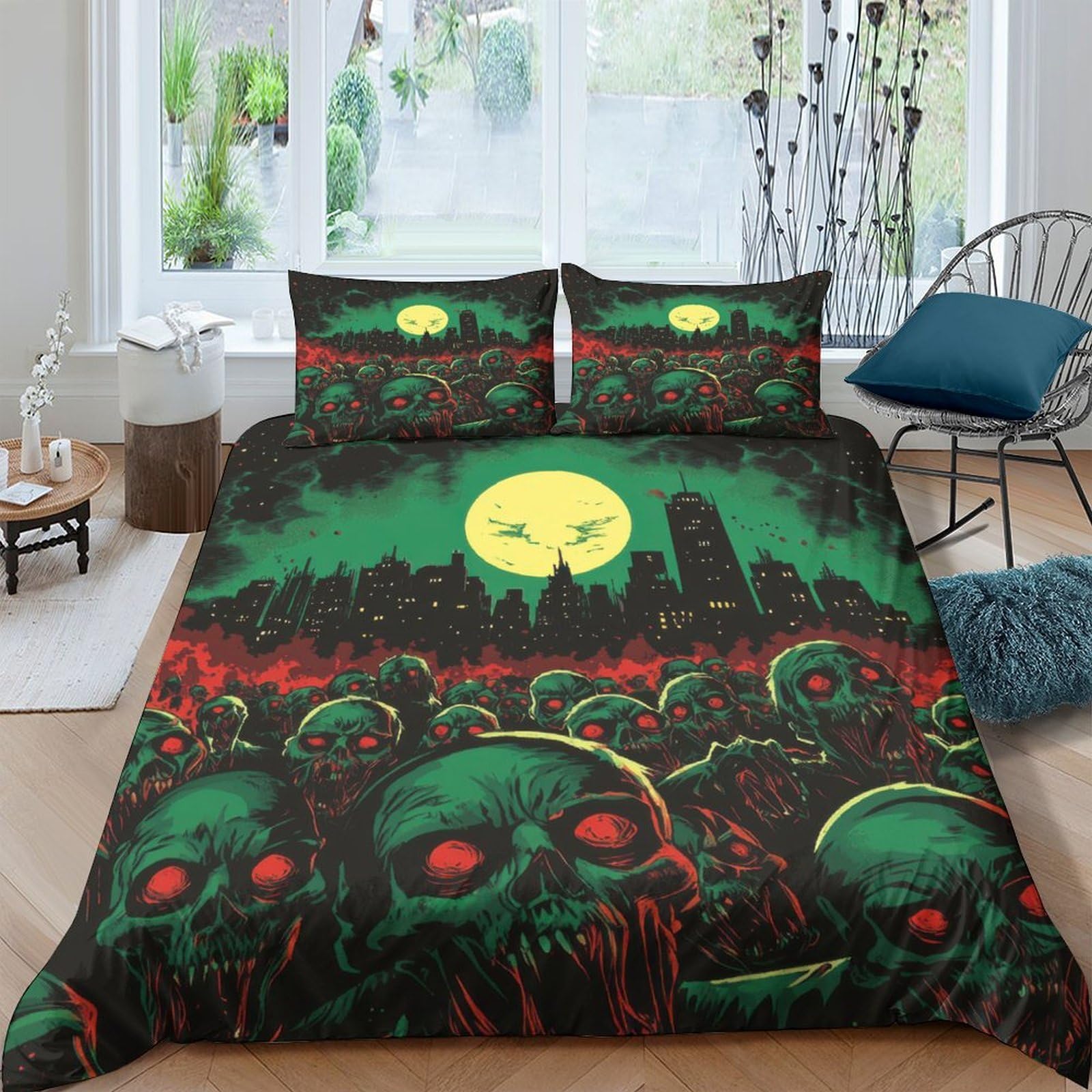Ctjqhvkz Style-6 3D Printed Zombie Skull Fitted Sheet Microfiber Black Green Horror Moon Mattress Cover Bedroom Decor Single（135X200cm）
