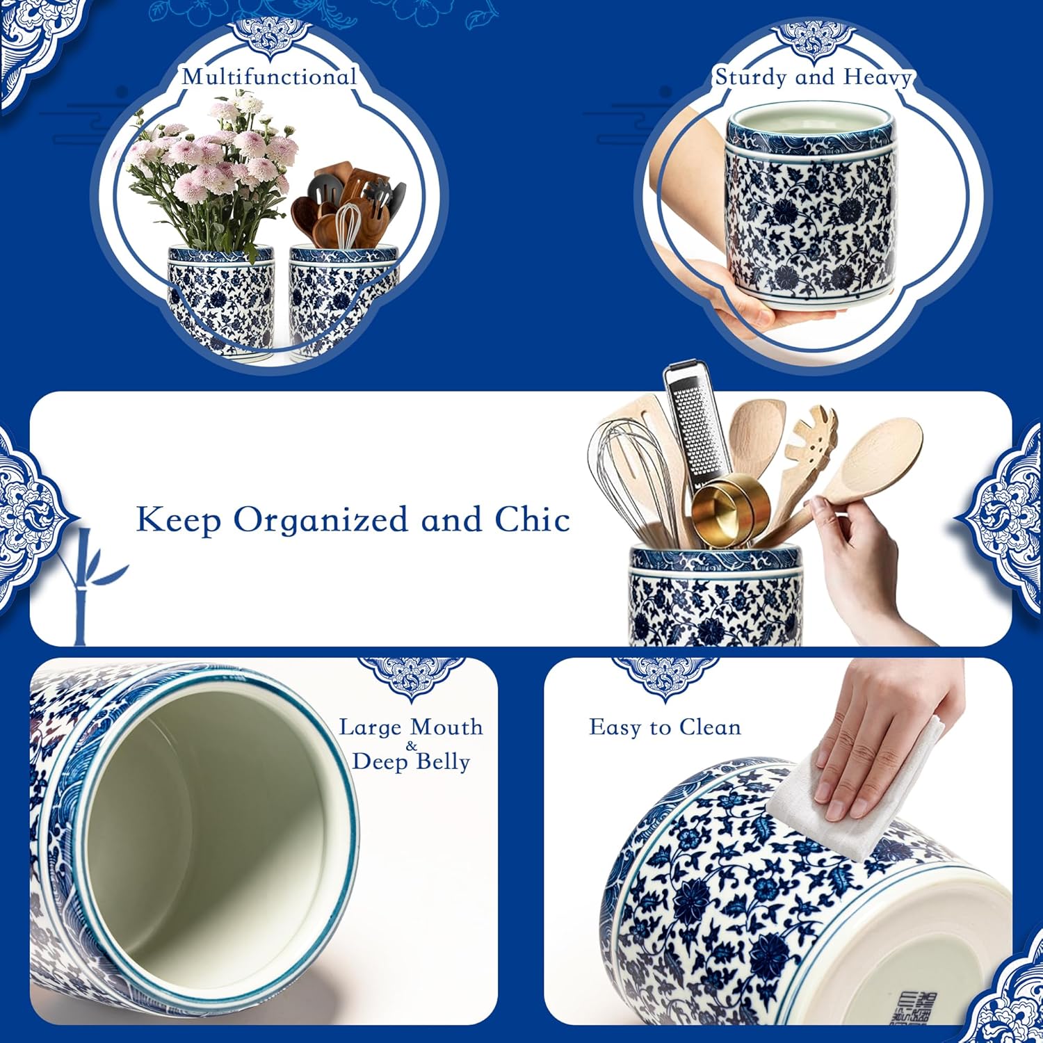 Utensil Holder, 6" Premium Ceramic Kitchen Utensil Rack for Countertop, Hand-painted blue and white porcelain made in Jingdezhen suitable for Vintage Farmhouse Kitchen Counter Decor