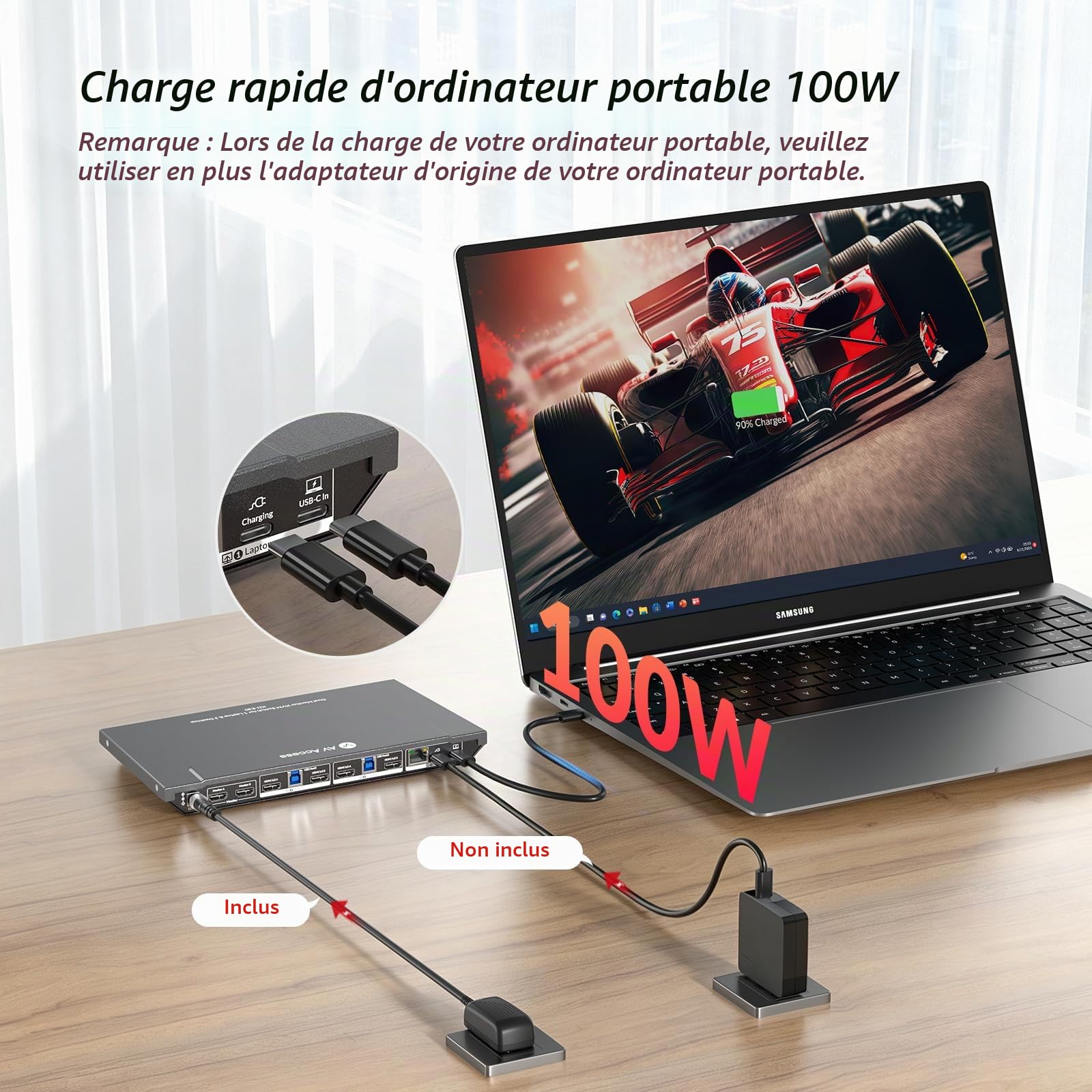 AV Access Station d'accueil Commutateur KVM pour 1 ordinateur portable et 2 PC de bureau, double moniteurs 4K@60Hz, émulation EDID, charge USB-C 100W,1G Gigabit, taux de rafraîchissement élevé