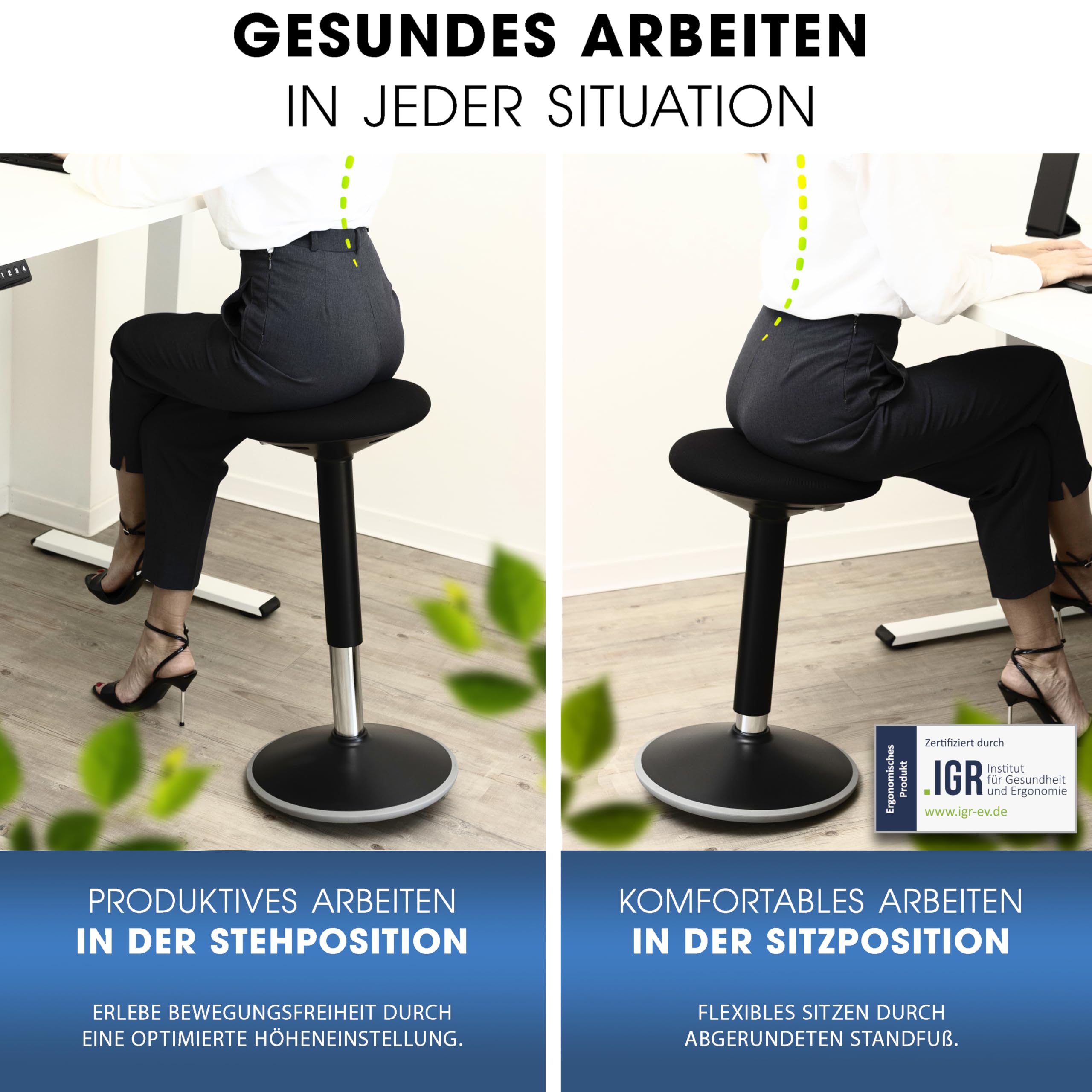 Bürohocker 2in1 Sitz- & Stehhocker höhenverstellbar Schwarz | Zertifiziert & ergonomisch. Fördert einen gesunden Rücken durch aktives Sitzen & Stehen. Ideal im Büro & Homeoffice.
