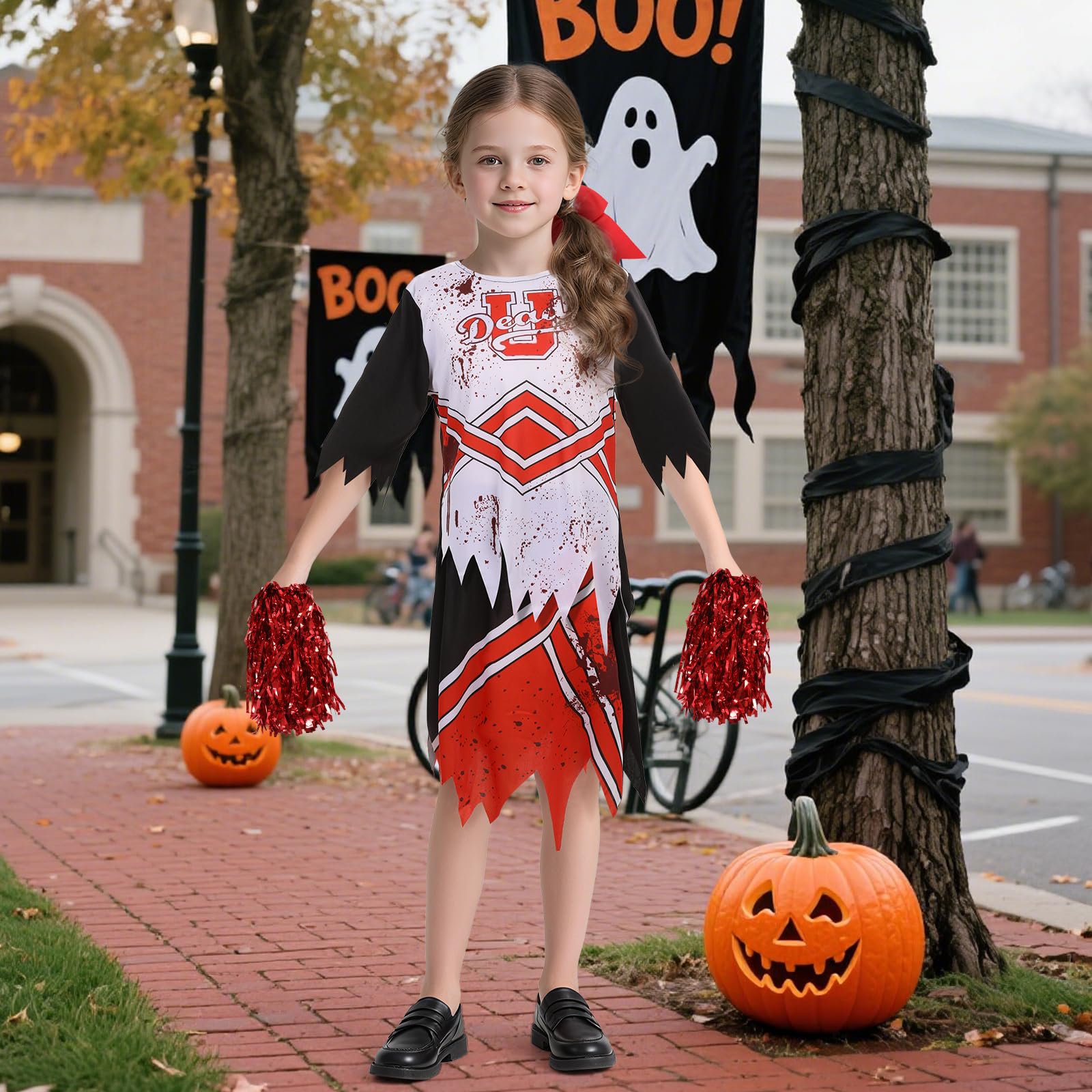 Joyincoser Dead Zombie Cheerleader Costume Kids with Pompoms and Red Bow Horror Scary Bloody Fancy Dress Gift for Halloween Party Carnival Horror Cosplay (Large) - Image 3