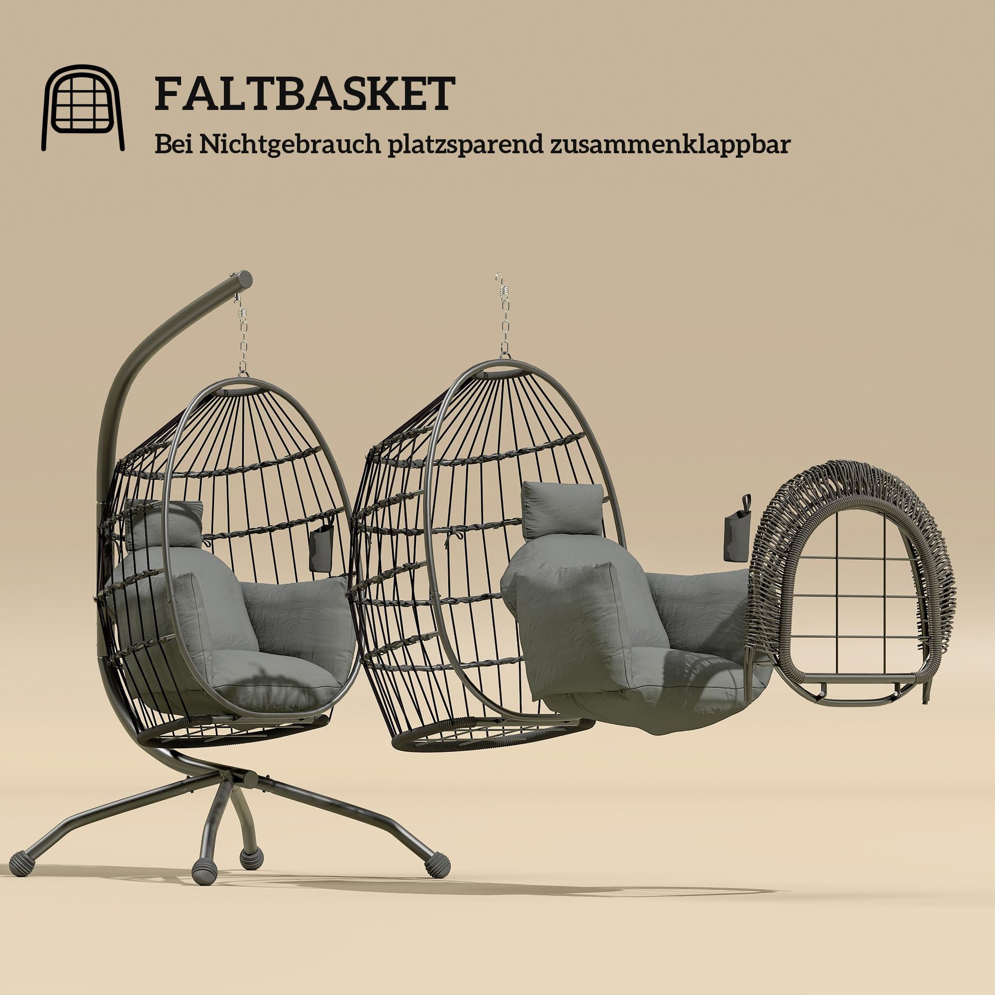 Outsunny Jajowaty wiszący fotel z ramą składany ogrodowy Czarny | Huśtawka wisząca z uchwytem na kubek, zdejmowane zmywalne siedzisko, hamak, huśtawka fotel na taras