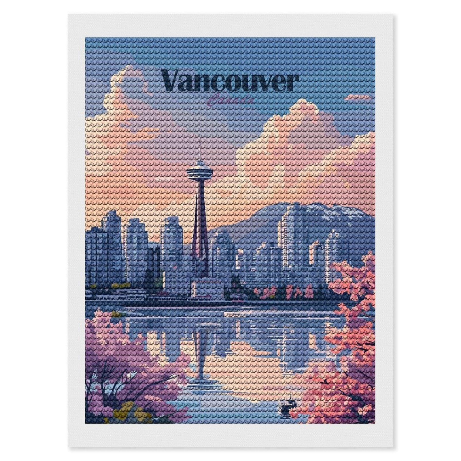 Junmoney Vancouver Canada Cityscape Illustration Diamond Art Kit 12"x16", for Beginners, Vintage Style Decor, Good for Quiet Evenings, Festive Craft Gift