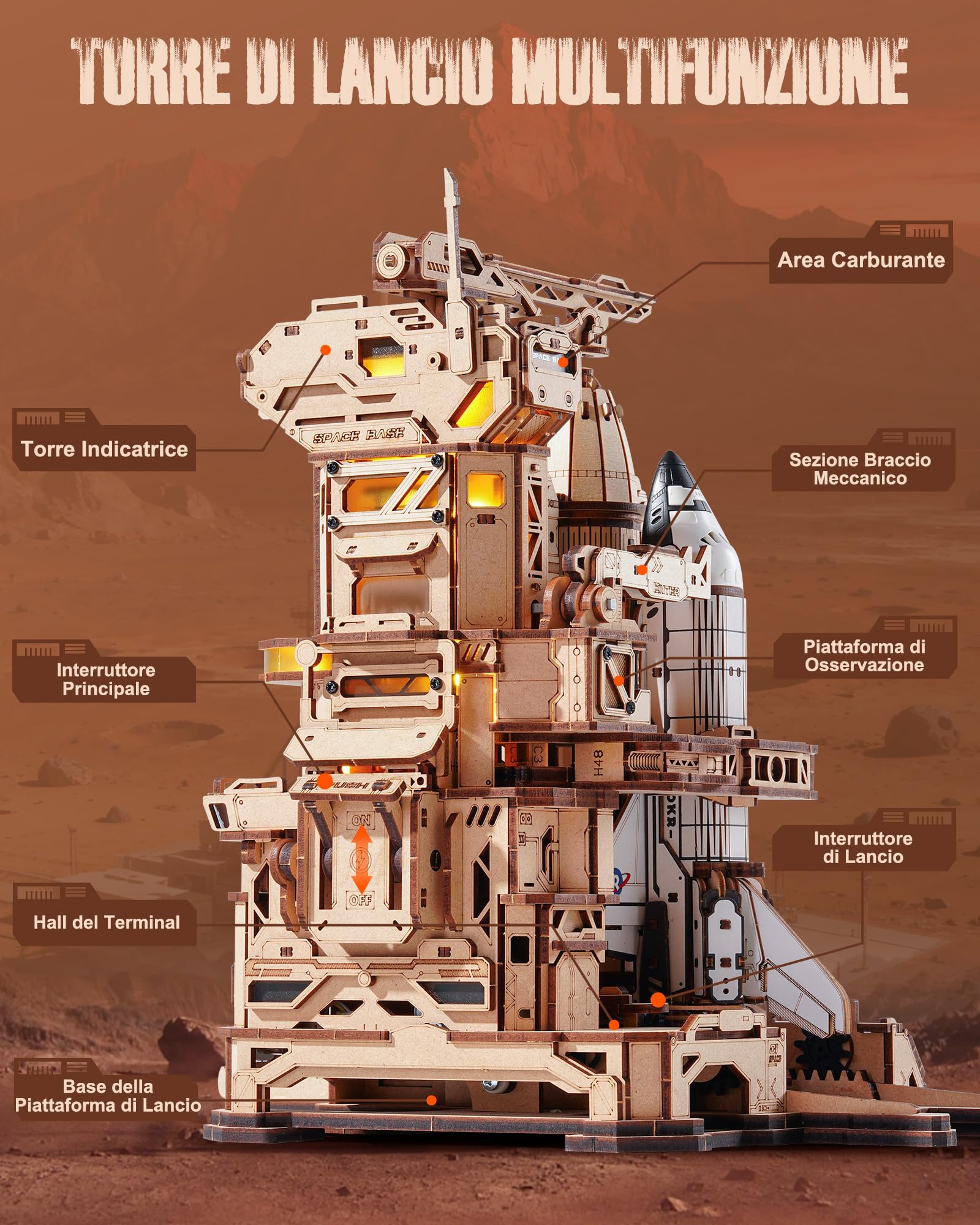 ROBOTIME Navetta Spaziale in Legno con Base di Lancio, LKA02 | 446 pezzi · Sollevamento e ritorno motorizzati · Scala 1:420 · Cavo Type-C 5 V richiesto