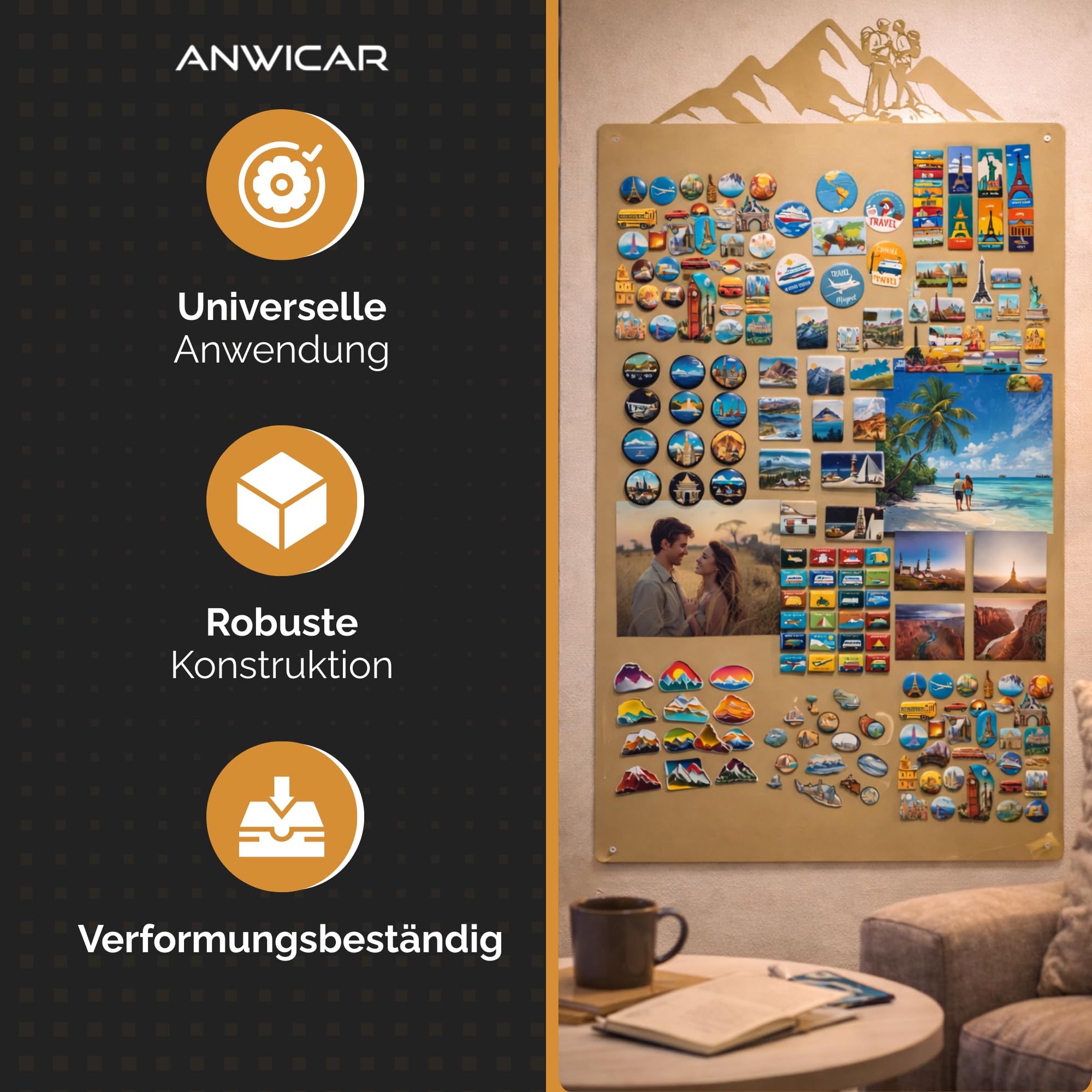 Magnettafel für Erinnerungen Schwarz 87x49 cm | Magnetisches Stahlboard für Magnete, Fotos und Notizen, Beschreibbar, Montageset inklusive
