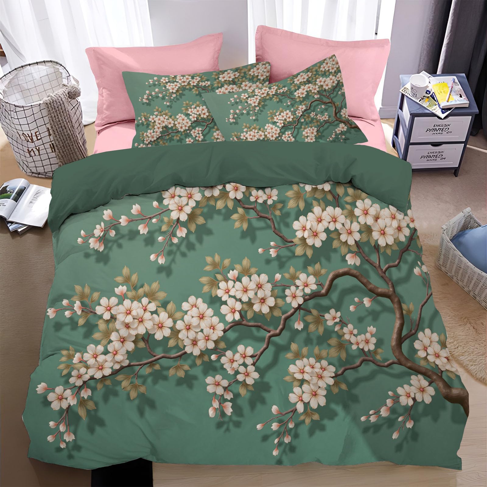 Housse de couette 220x240cm cerisiers en fleurs pour créer une chambre parentale zen et cocooning
