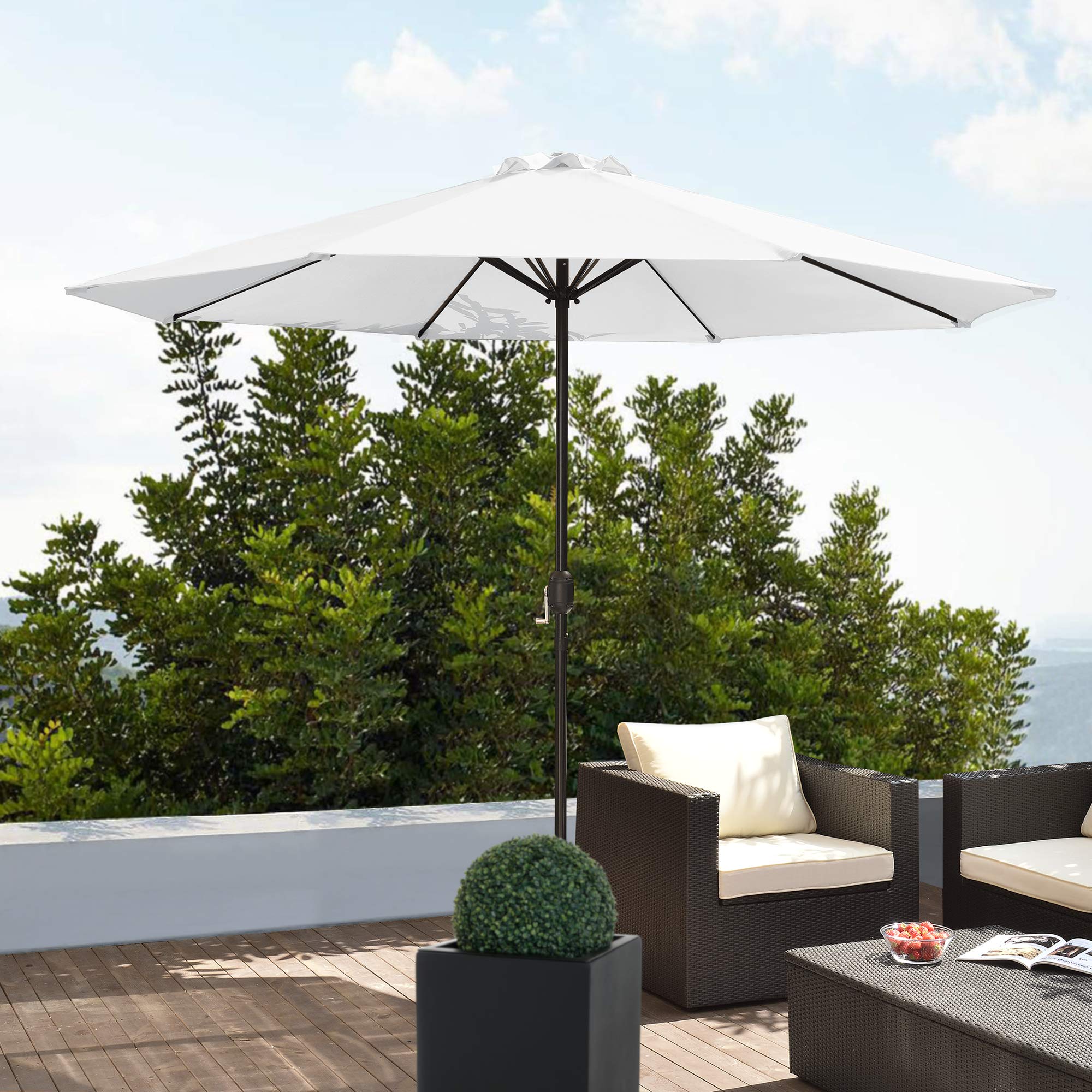 casa.pro Ombrellone da Giardino con Palo Centrale e Meccanismo a Manovella Tela Ampia Ø300 cm in Poliestere Resistente UV Altezza 230 cm Bianco