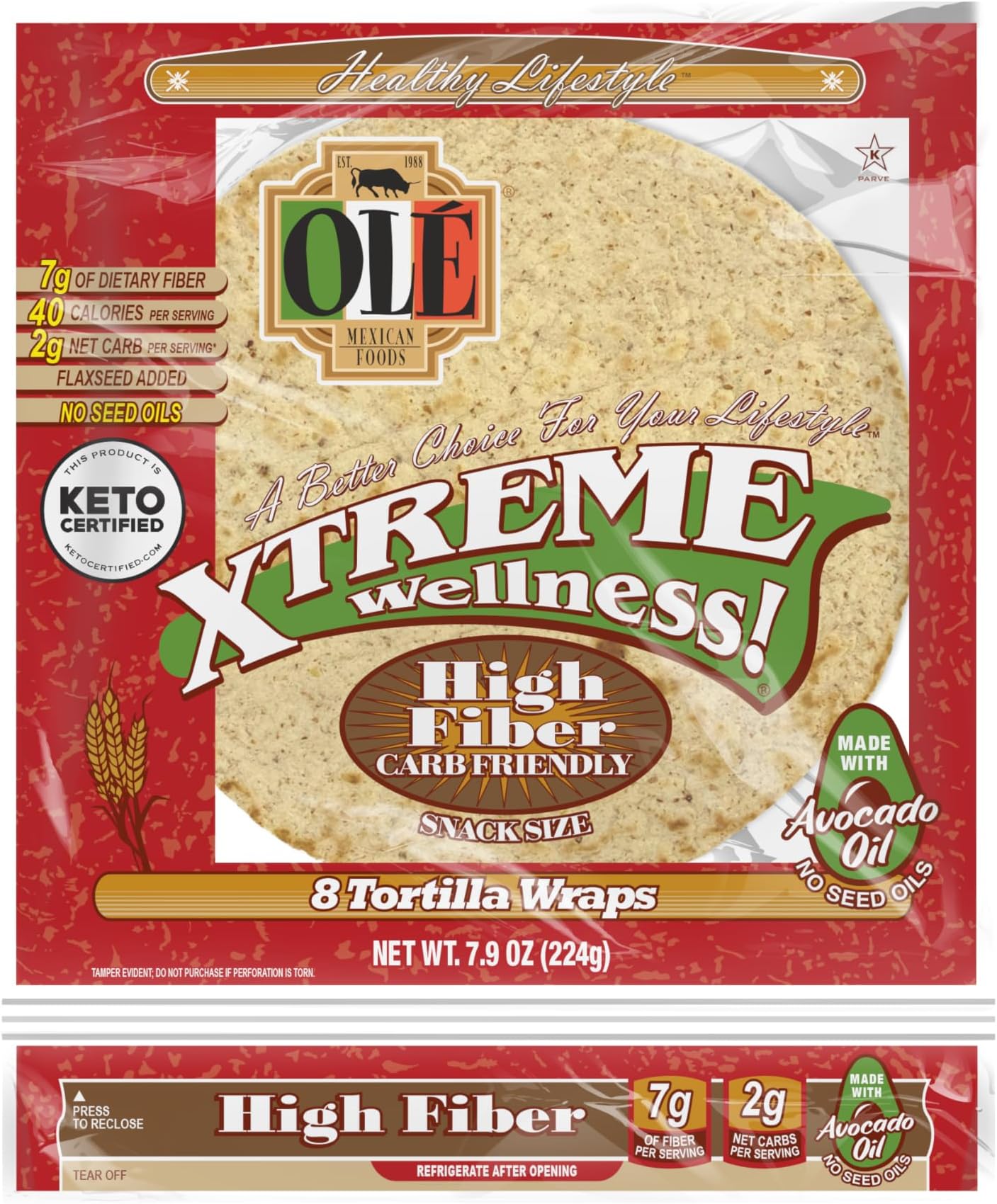 Olรฉ Xtreme Wellnessยฎ High Fiber Snack | 5.5" Size Flour Tortillas |Carb Friendly |Keto Certified | 7.9 oz.| 8 Count (Pack of 6)