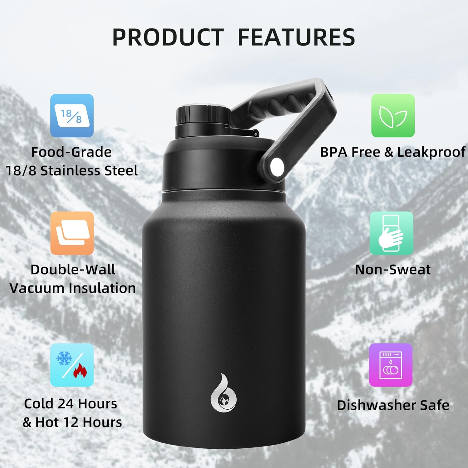 BJPKPK 64 oz Insulated Water Bottle, Dishwasher Safe Half Gallon Water Bottle with Ergonomic Handle, BPA Free Leak Proof Water Jug for Sports, Metal Jug with Anti-slip Bottom, Black - Image 3