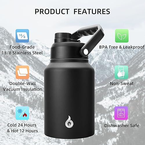 Miniatura 3 de BJPKPK Botella de agua aislada de 64 onzas, apta para lavavajillas, botella de agua de medio galón con mango ergonómico, jarra de agua a prueba de