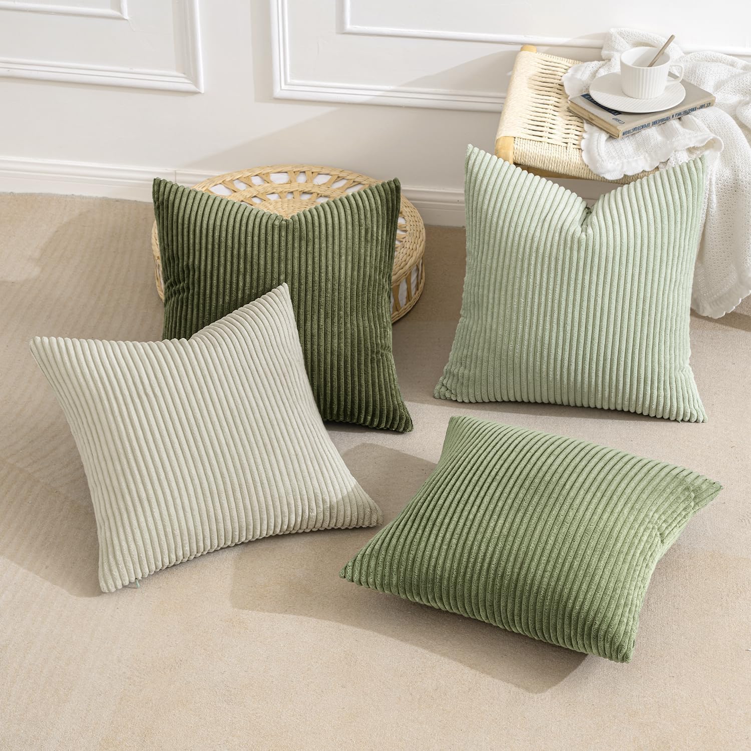 MIULEE Pack of 4 Feather and Down Pillow Inserts Bundle Pack of 4 Corduroy Modern Pillow Covers Light Green