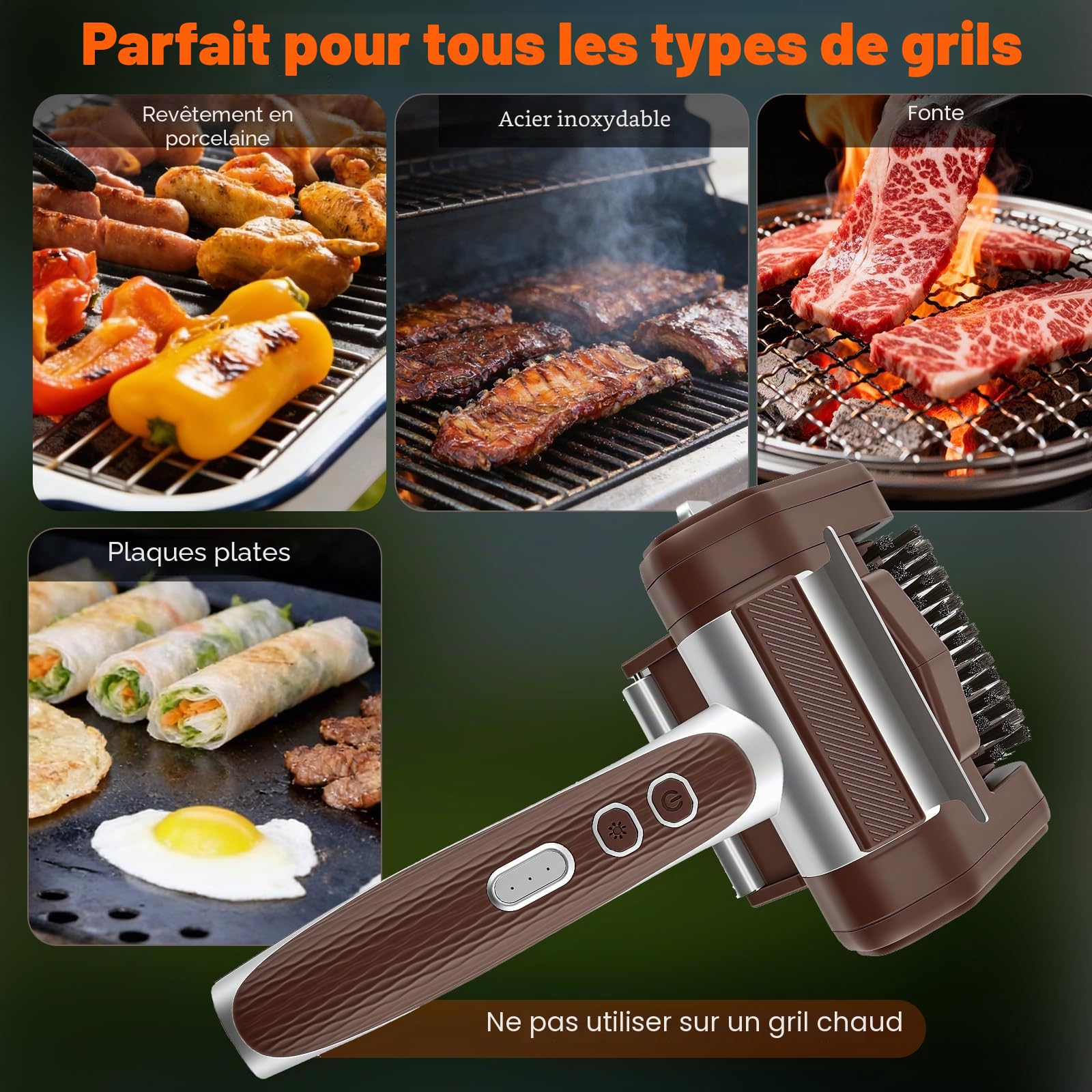 Brosse à gril électrique sans fil, 4000mAh, brosse de nettoyage électrique pour barbecue avec éclairage LED, rechargeable, nettoyeur de gril électrique pour barbecue, grille en fonte, gril à gaz, gril