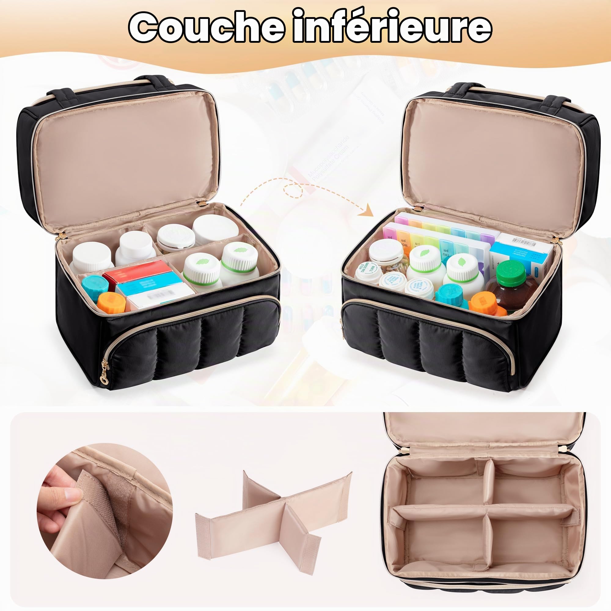 Damero Sac Médical, étui de Rangement pour Flacons de Médicaments Double Couche, Organisateur Verrouillable avec Séparateurs Amovibles pour Médicaments ou Suppléments Médicaux, Noir
