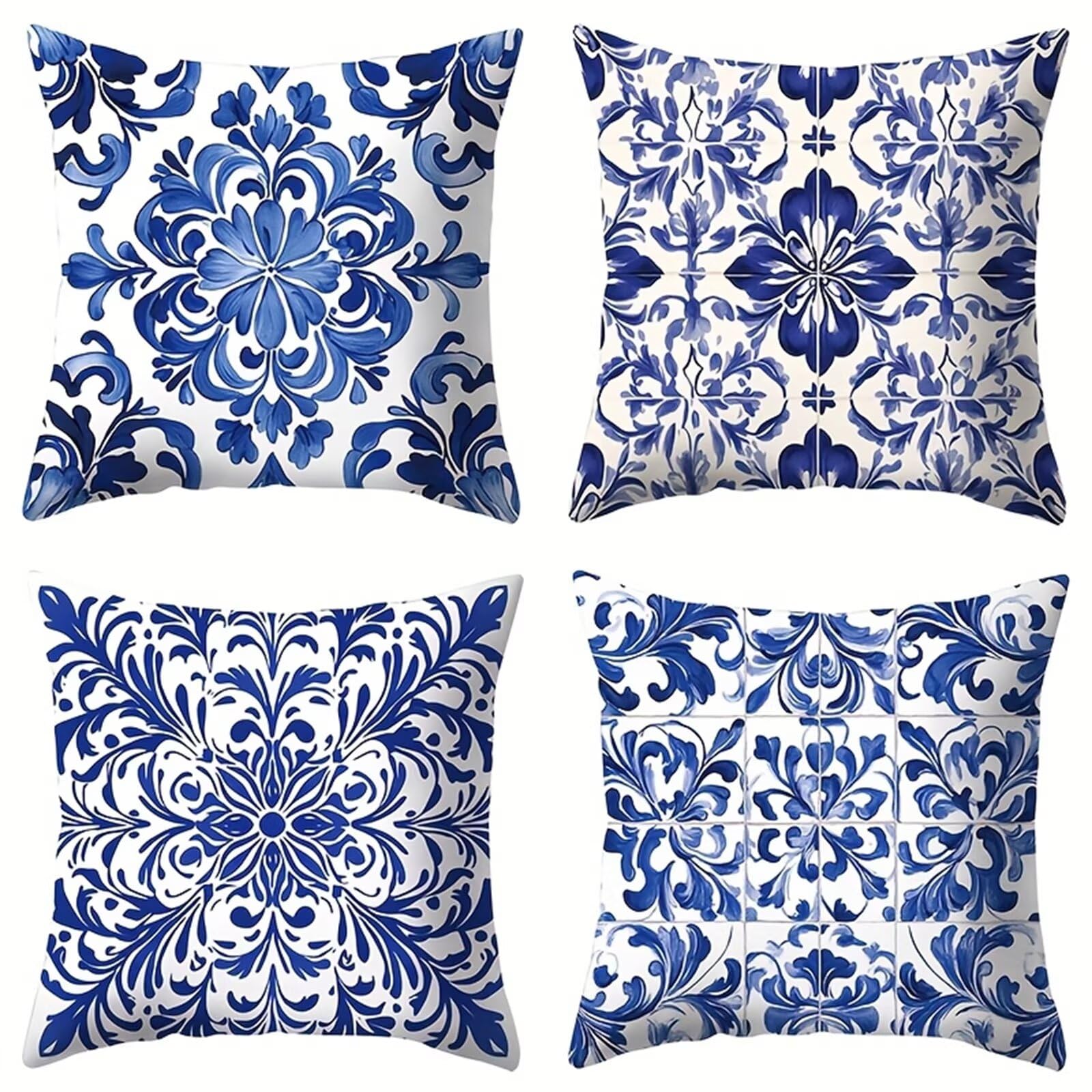 QiHon Cushion Covers 55x55 cm Set of 4 Blue Patterns Linen Square Pillow Cases 22x22 inch Modern Decorative Throw Pillow Covers for Sofa Couch Bedroom Home Office with Invisible Zipper