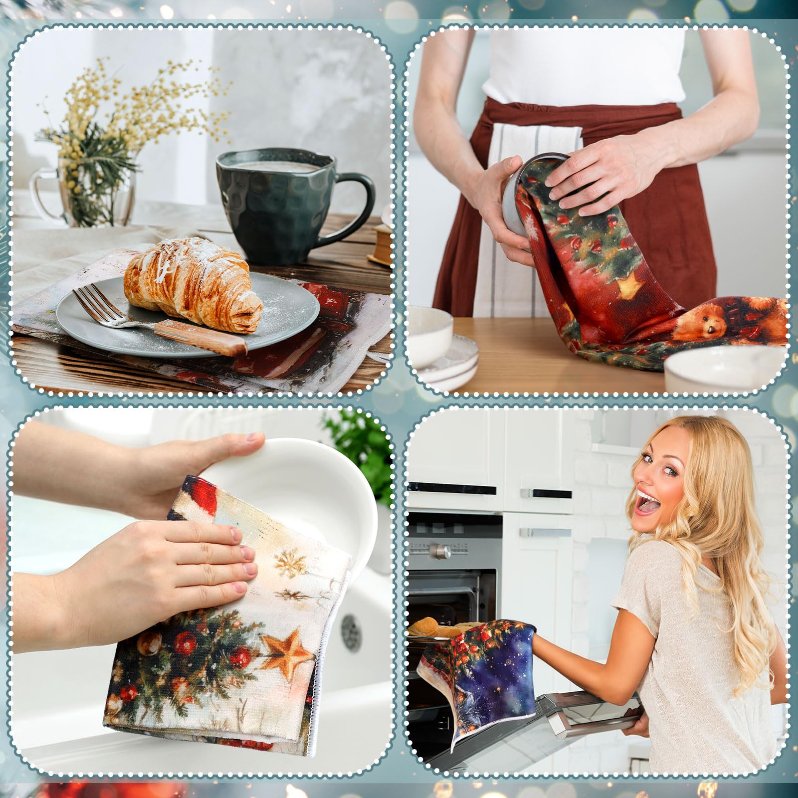 Bencailor 16 paños de cocina de Navidad reutilizables, de fibra ultrafina, suaves, de secado rápido, para cocina, vacaciones, absorbentes, 16 x 24 pulgadas (bonitos)