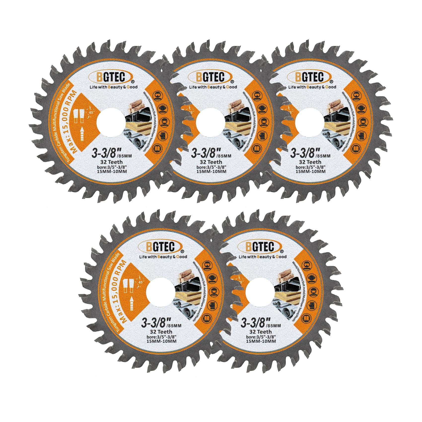 TCT Circular Saw Blade - Carbide Tipped Teeth General Purpose 85MM 32T Cutting Dics with 15MM Arbor for Wood Aluminium Plastic Copper BGTEC, 5 Pack