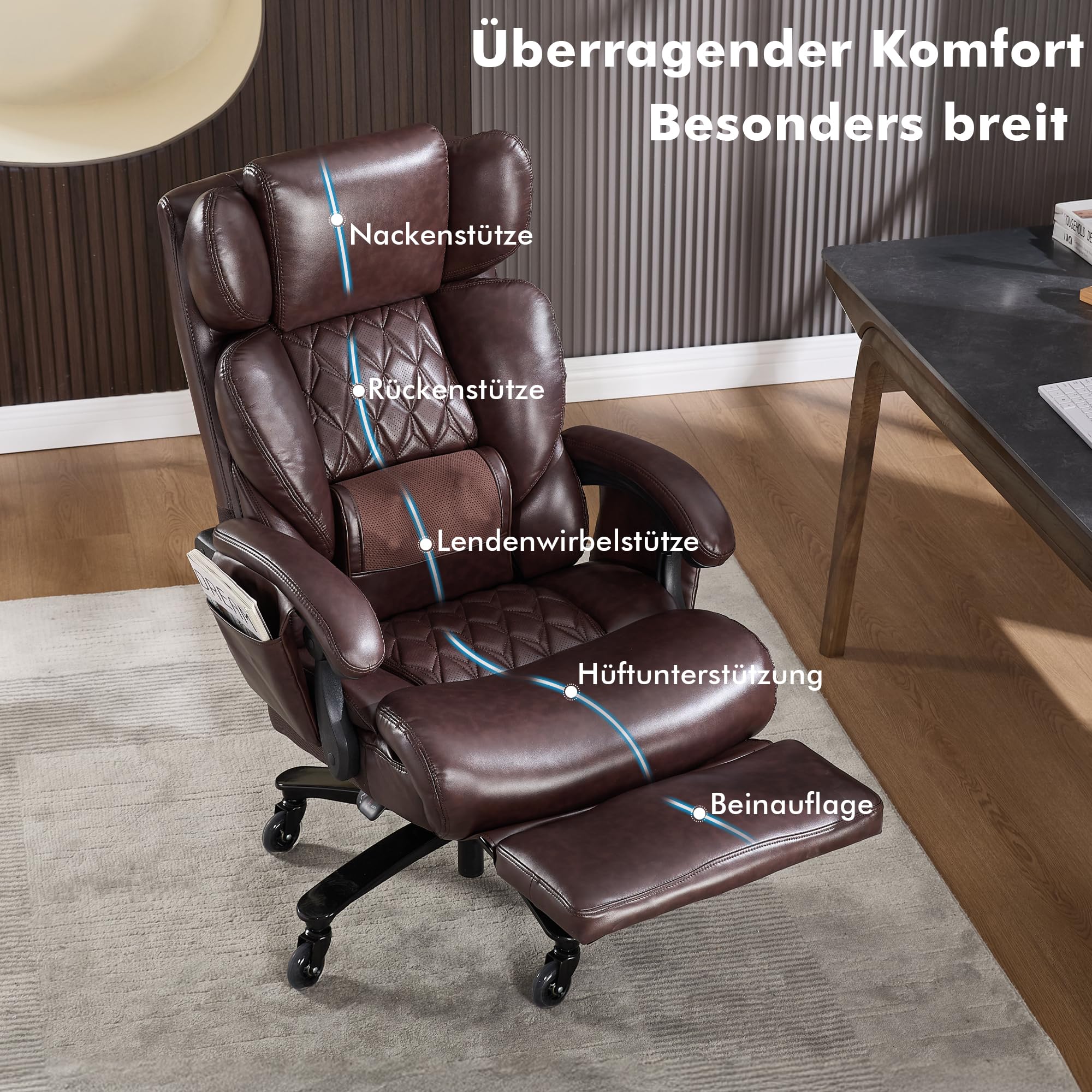 DEKKETO Bürostuhl Ergonomisch mit Fußstütze, Leder Chefsessel mit Massagefunktion, Verstellbare Kopfstütze und Lendenstütze, Rückenlehne, Drehstuhl mit Staufächern, Braun