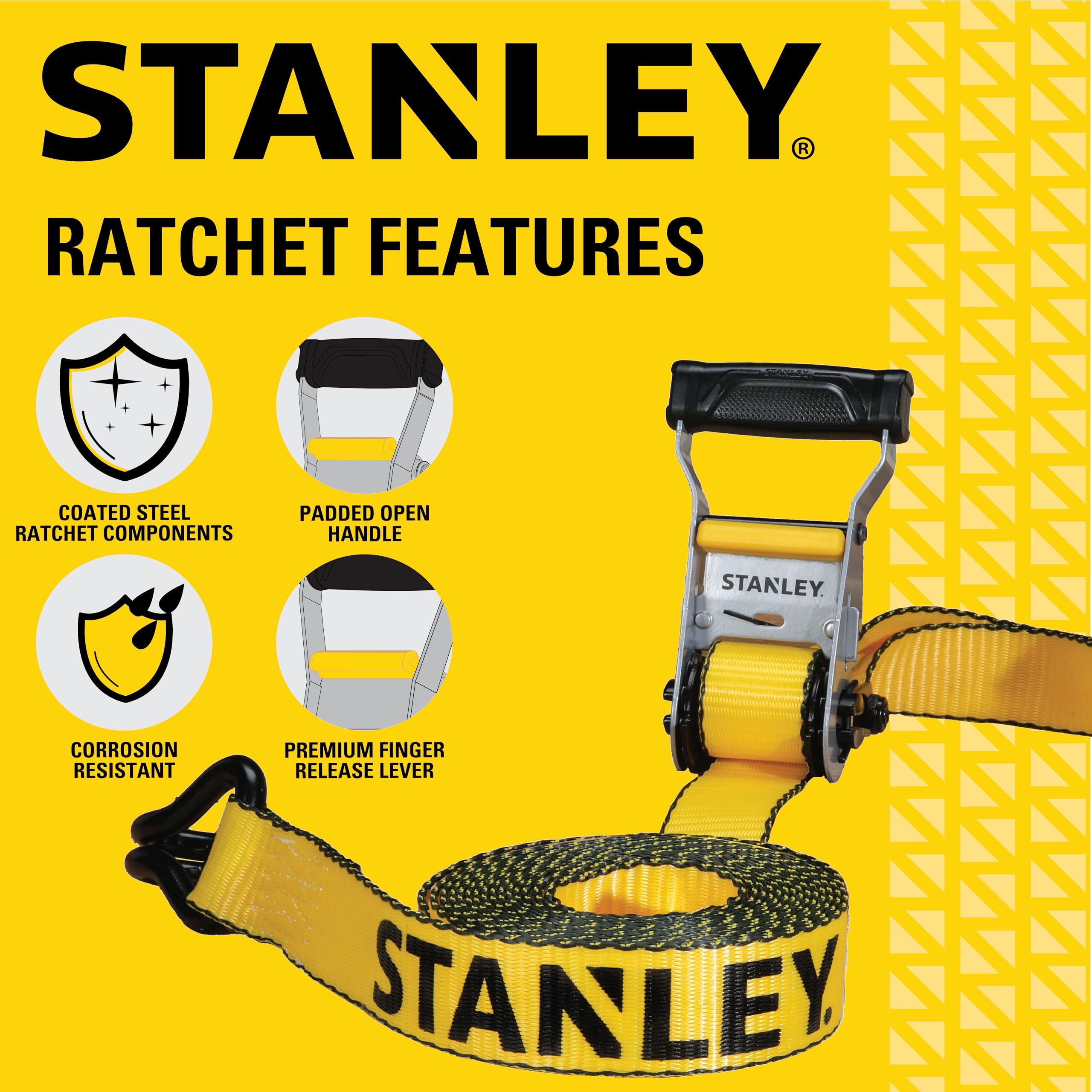 STANLEY S50002-3 Lot de 6 Sangles à cliquet Robustes de 3,8 cm x 4,9 m (résistance à la Rupture de 2,3 kg) Noir/Jaune