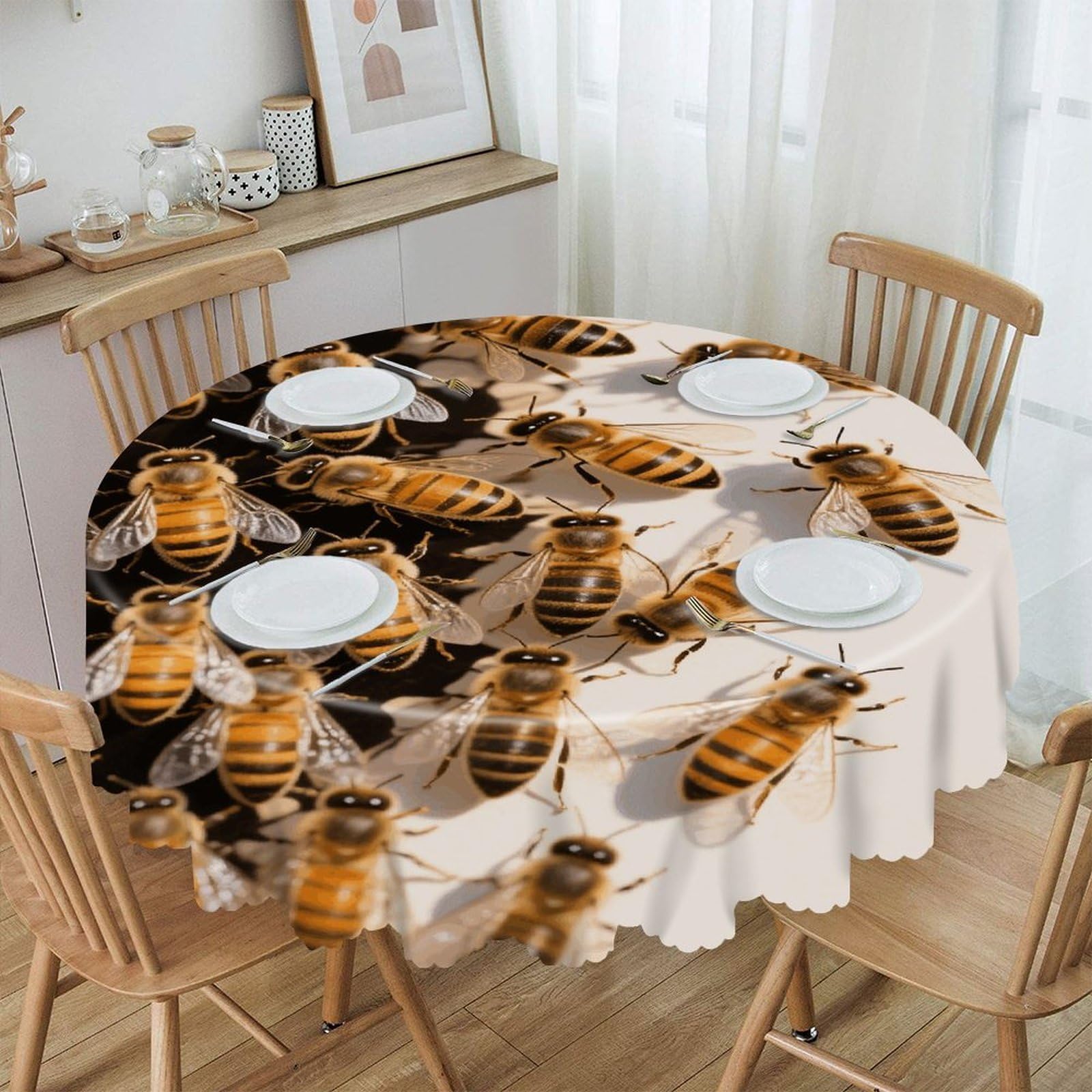 VstaDank Bees Round Tablecloth Wipeable Round Polyester Tablecloth Waterproof Wrinkle Free Indoor and Outdoor Table Cover 60 Inch Decorative Farmhouse Table Cloth for Dining