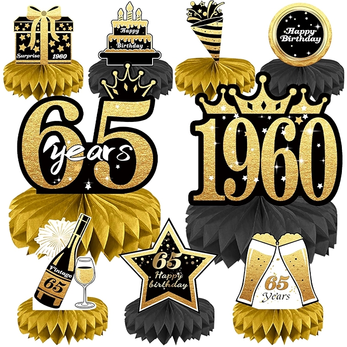 65岁生日装饰套装，1960年主题桌面装饰，黑金色蜂巢中心装饰