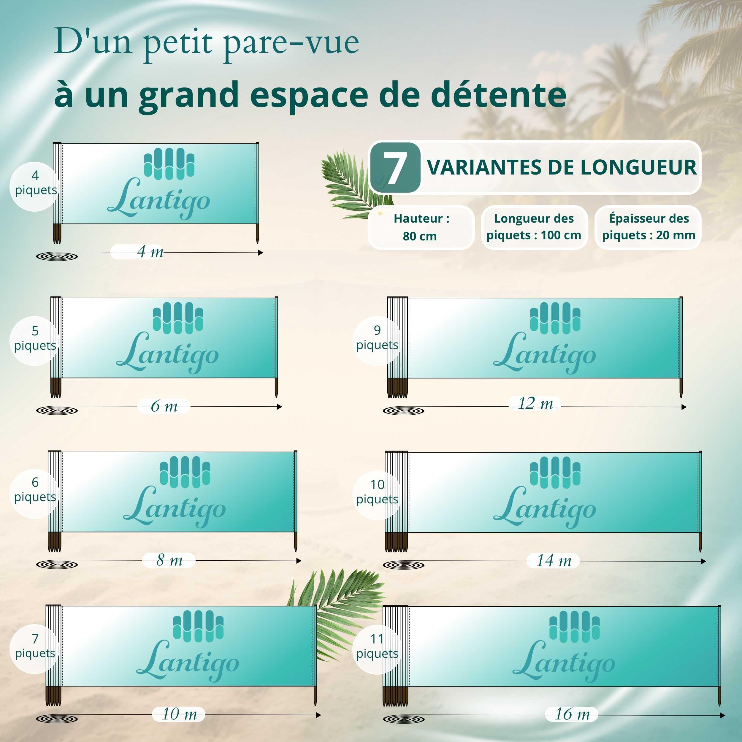 Paravent Plage Microfibres | Brise-Vent 80cm | Planche de Surf 6m | Résistant aux intempéries | Avec cordes | Fait main