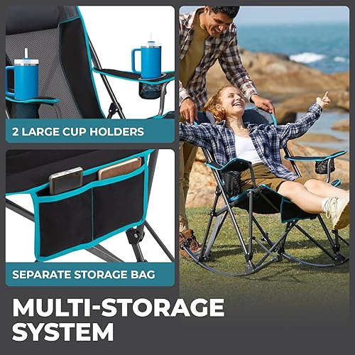 Miniatura 5 de FUNDANGO Silla mecedora de gran tamaño para adultos, sillas de césped plegables portátiles para exteriores con almohadas, reposabrazos anchos, 2